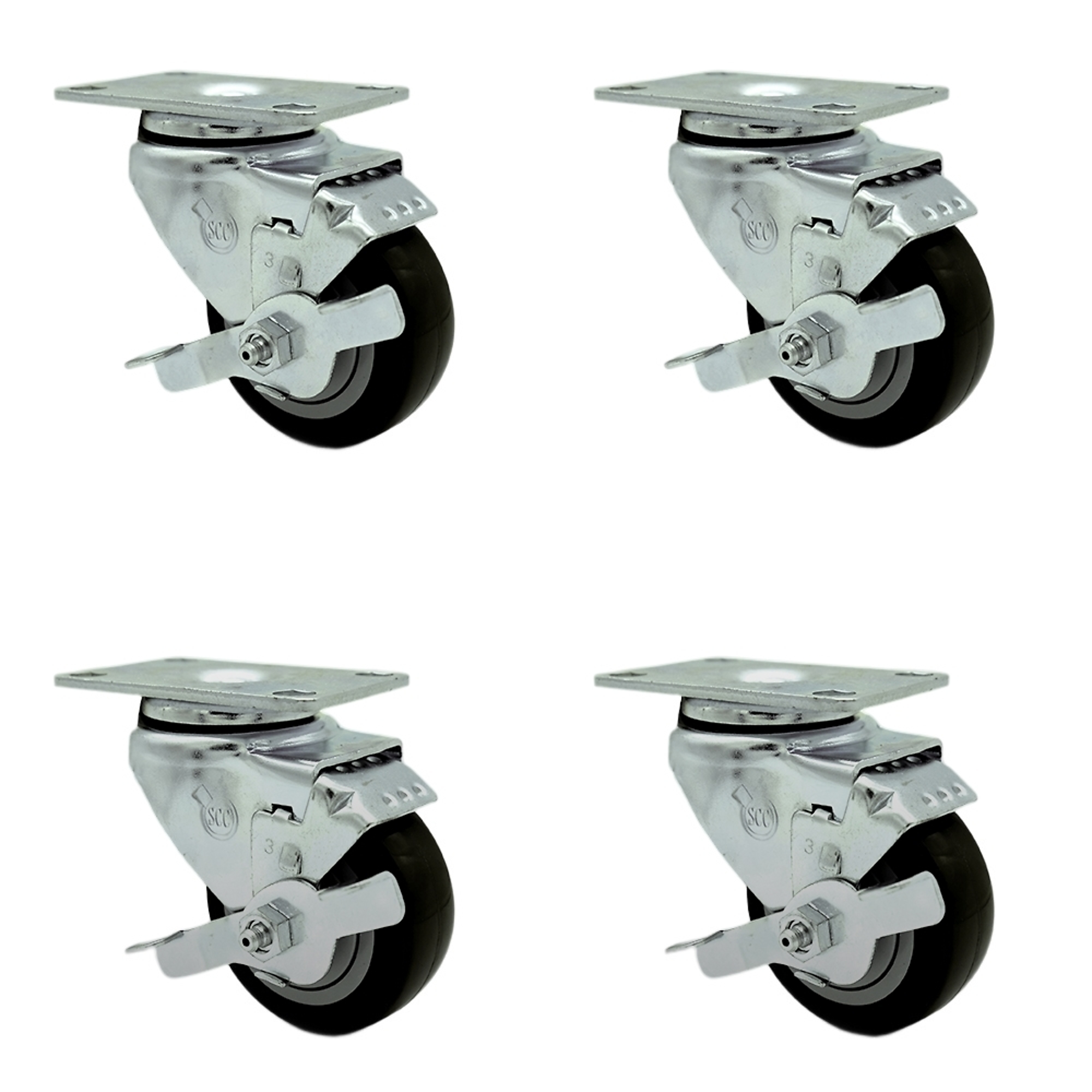 Service Caster, 3Inch x 1 1/4Inch Plate Casters, Wheel Diameter 3 in, Caster Type Swivel, Package (qty.) 4, Model SCC-SS20S314-PPUB-BLK-TLB-4