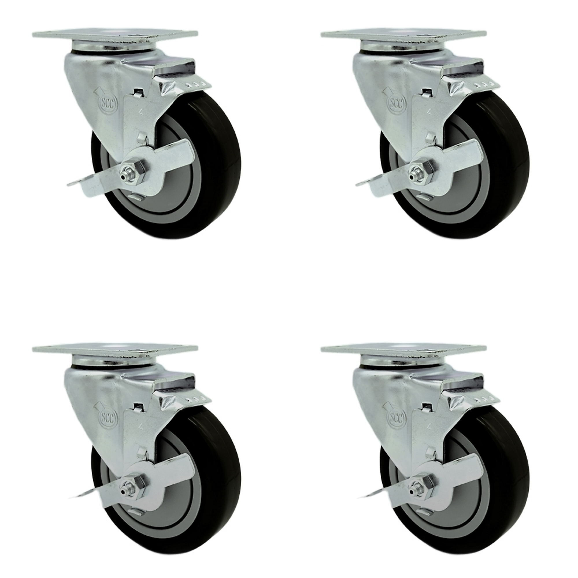 Service Caster, 4Inch x 1 1/4Inch Plate Casters, Wheel Diameter 4 in, Caster Type Swivel, Package (qty.) 4, Model SCC-SS20S414-PPUB-BLK-TLB-4