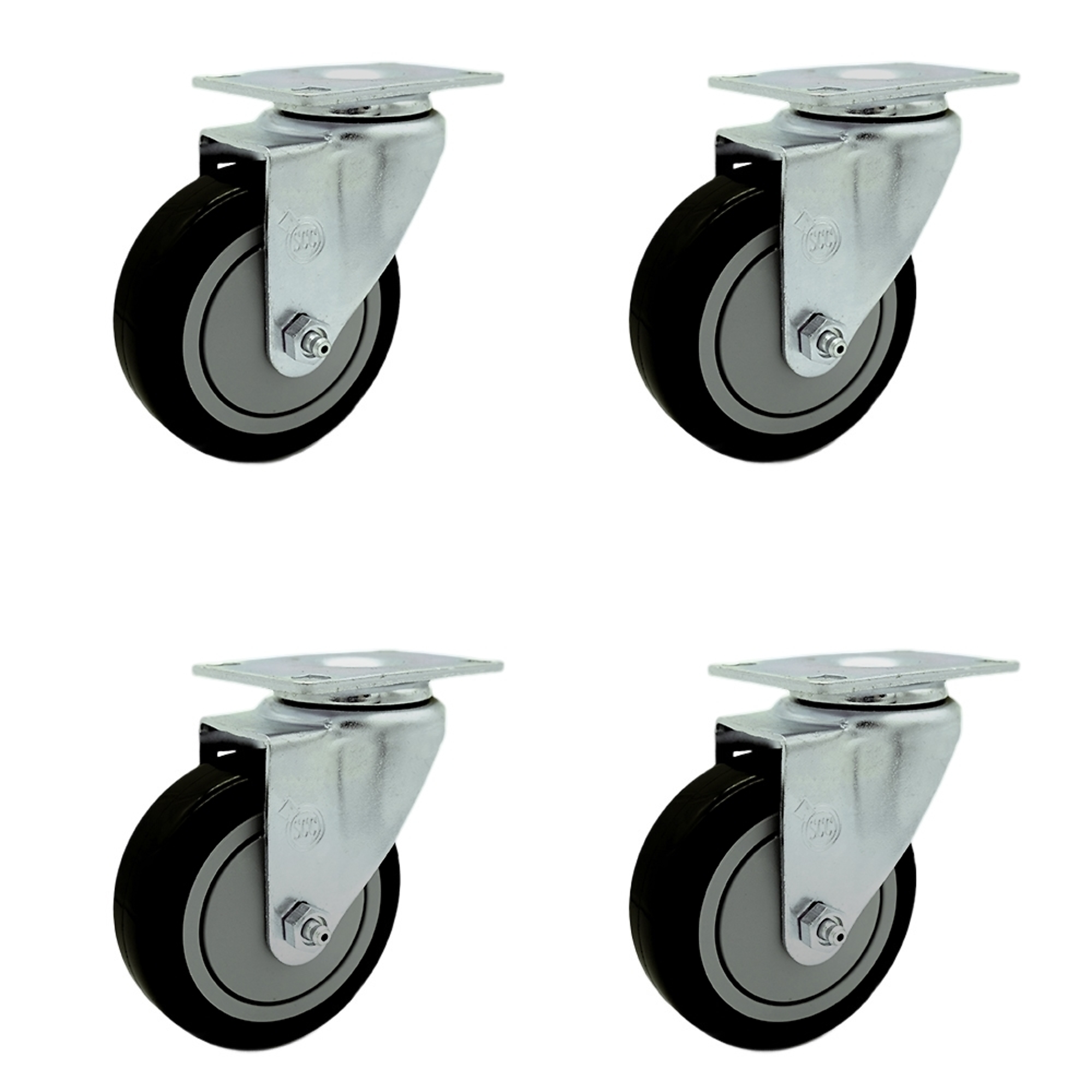 Service Caster, 4Inch x 1 1/4Inch Plate Casters, Wheel Diameter 4 in, Caster Type Swivel, Package (qty.) 4, Model SCC-SS20S414-PPUB-BLK-4