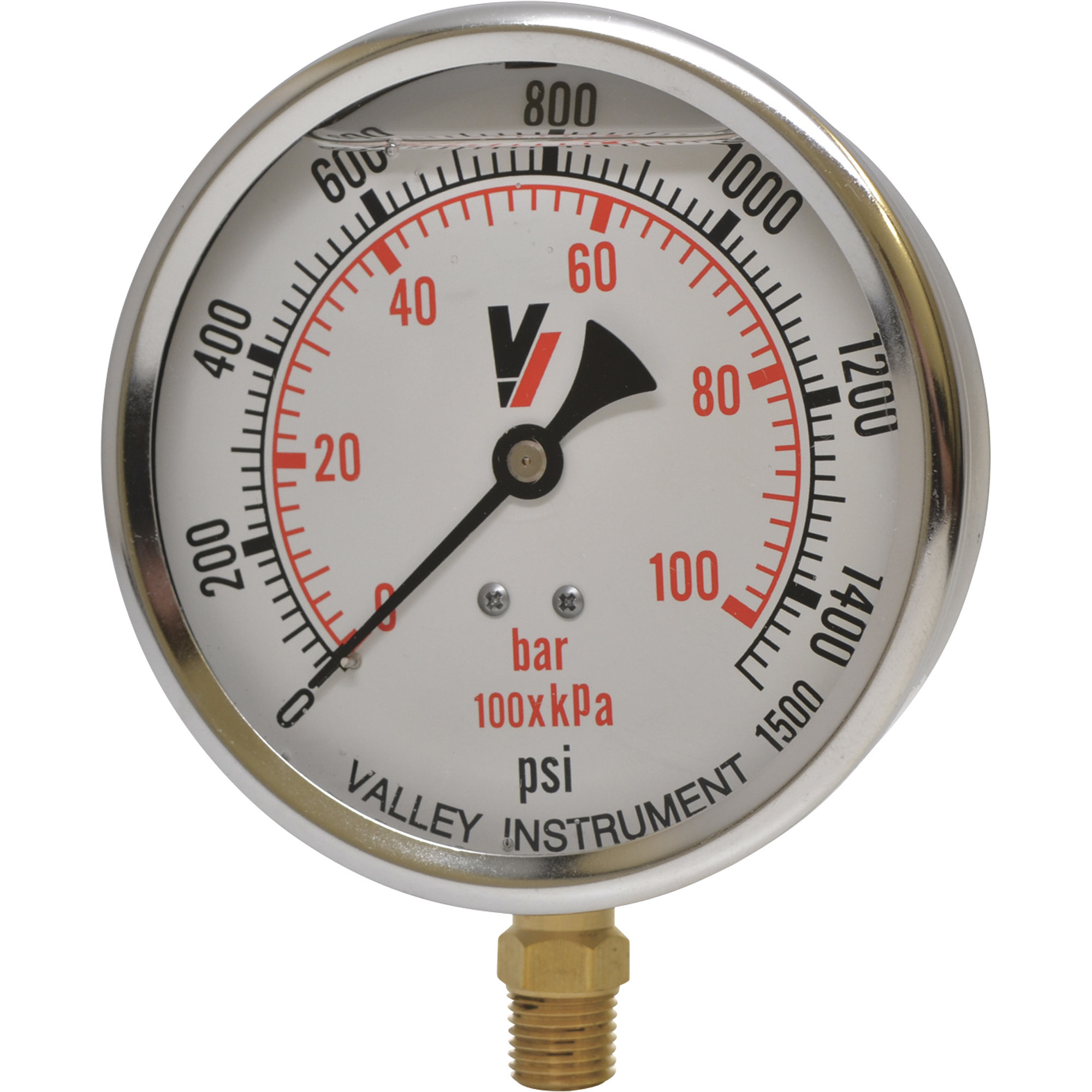 Valley Instrument Grade A 4Inch Stem Mount Glycerin Filled Gauge, 0-1,500 PSI