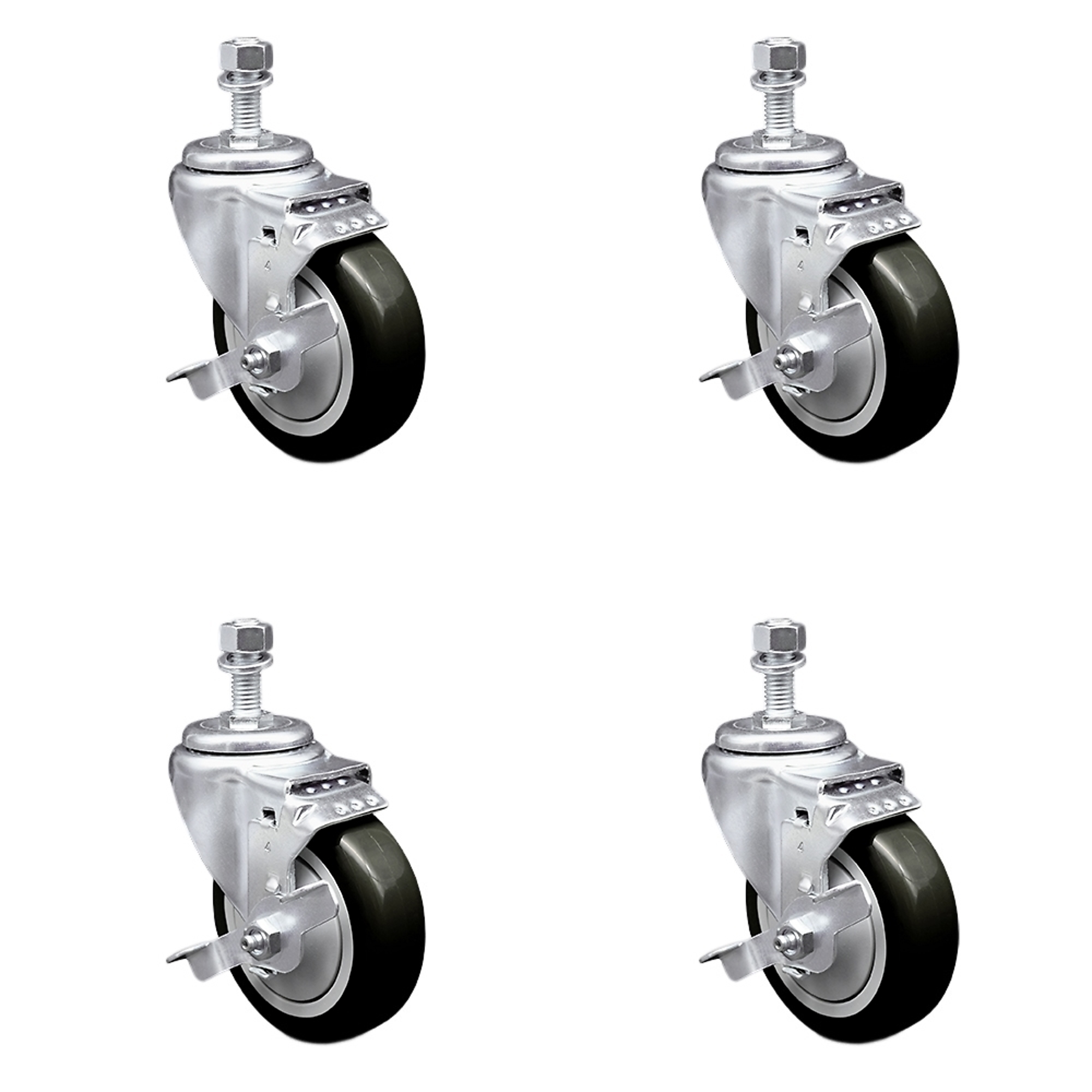 Service Caster, 4Inch x 1 1/4Inch Stem Casters, Wheel Diameter 4 in, Caster Type Swivel, Package (qty.) 4, Model SCC-TS20S414-PPUB-BLK-TLB-121315-4