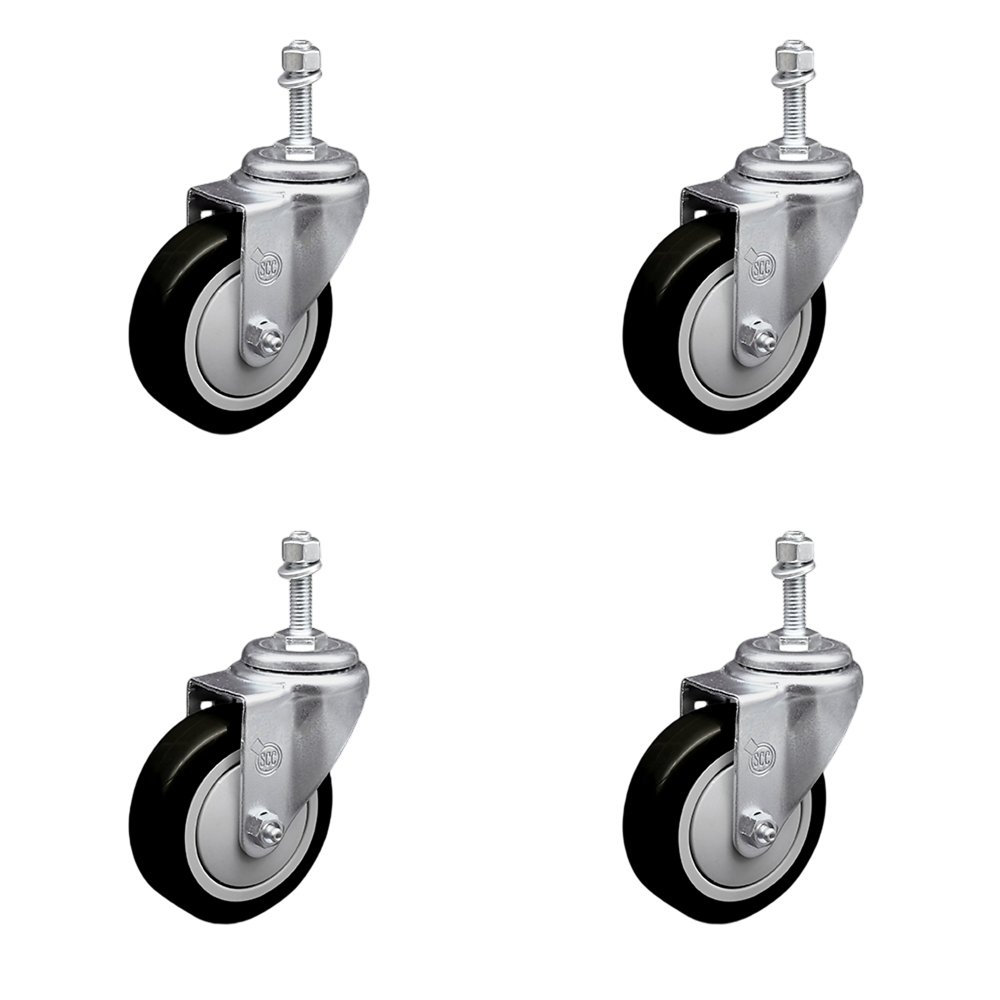 Service Caster, 4Inch x 1 1/4Inch Stem Casters, Wheel Diameter 4 in, Caster Type Swivel, Package (qty.) 4, Model SCC-SSTS20S414-PPUB-BLK-381615-4