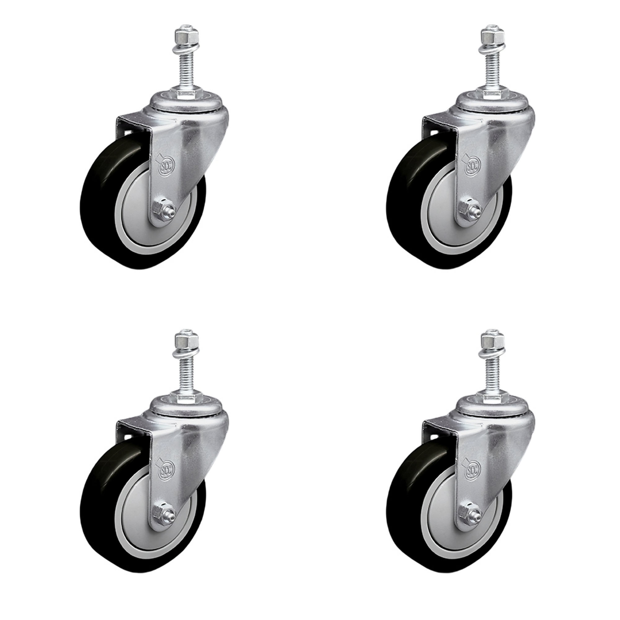 Service Caster, 4Inch x 1 1/4Inch Stem Casters, Wheel Diameter 4 in, Caster Type Swivel, Package (qty.) 4, Model SCC-TS20S414-PPUB-BLK-381615-4