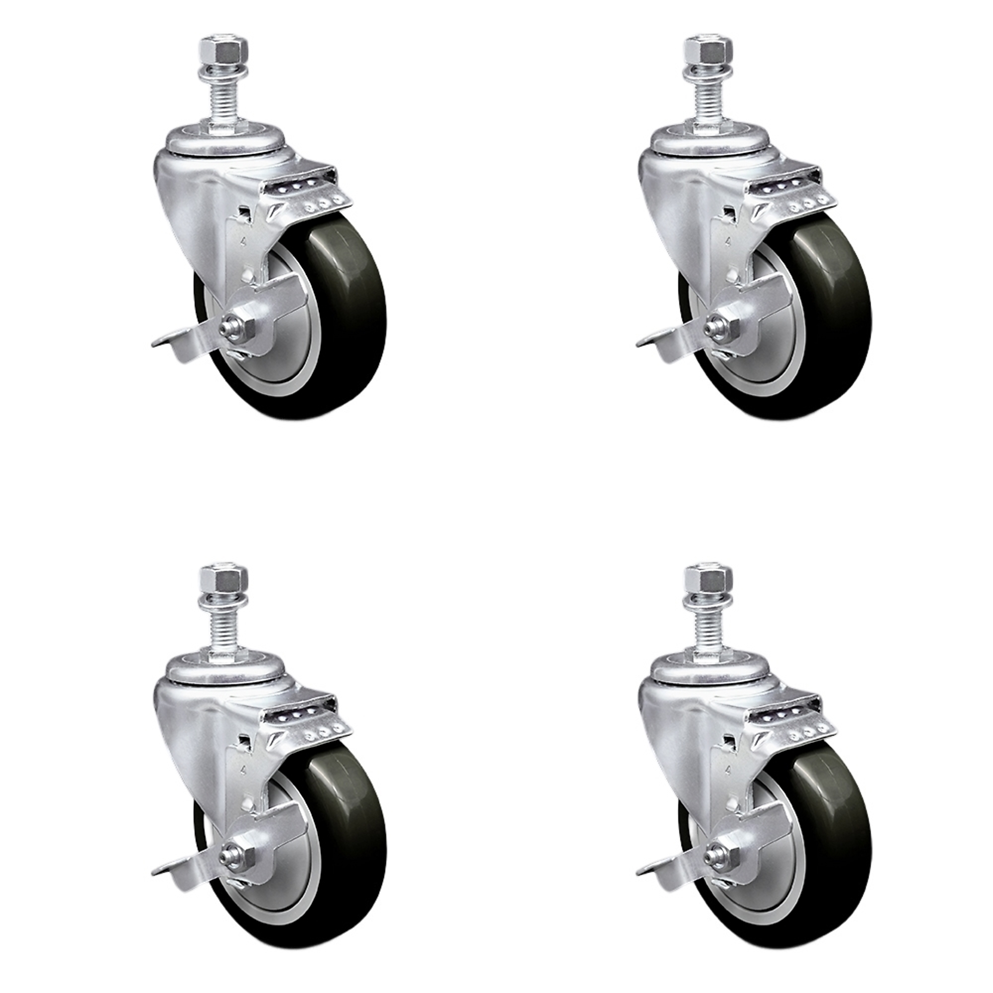 Service Caster, 4Inch x 1 1/4Inch Stem Casters, Wheel Diameter 4 in, Caster Type Swivel, Package (qty.) 4, Model SCC-SSTS20S414-PPUB-BLK-TLB-121315-4