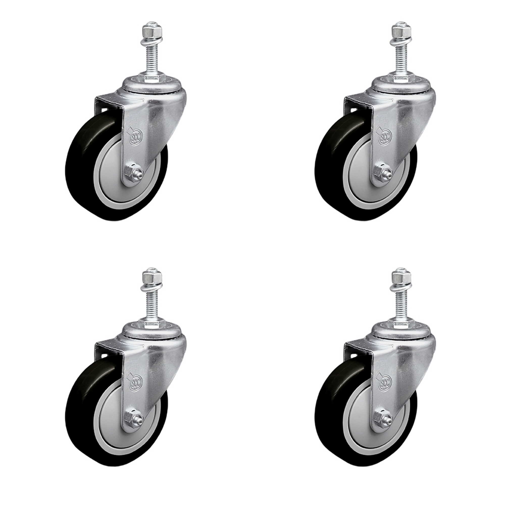 Service Caster, 4Inch x 1 1/4Inch Stem Casters, Wheel Diameter 4 in, Caster Type Swivel, Package (qty.) 4, Model SCC-SSTS20S414-PPUB-BLK-M1015-4