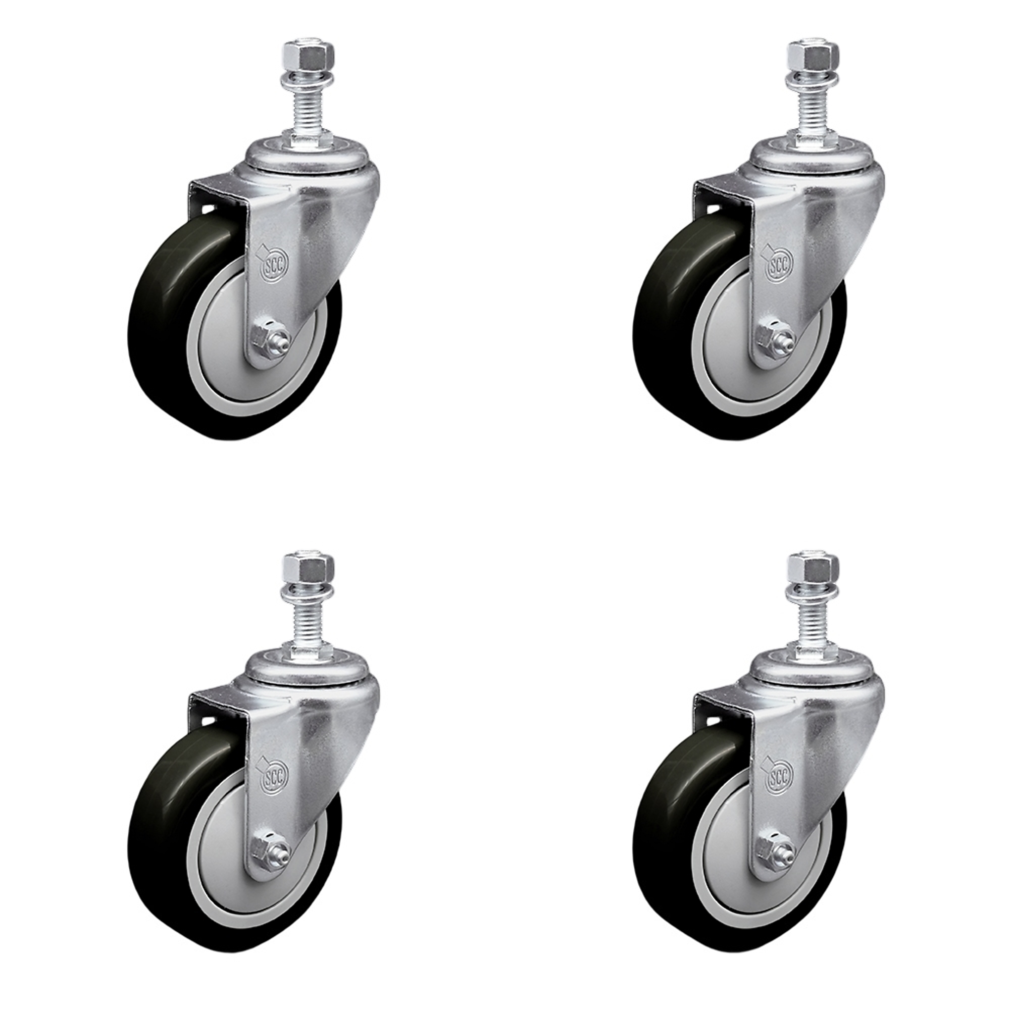 Service Caster, 4Inch x 1 1/4Inch Stem Casters, Wheel Diameter 4 in, Caster Type Swivel, Package (qty.) 4, Model SCC-TS20S414-PPUB-BLK-M1215-4