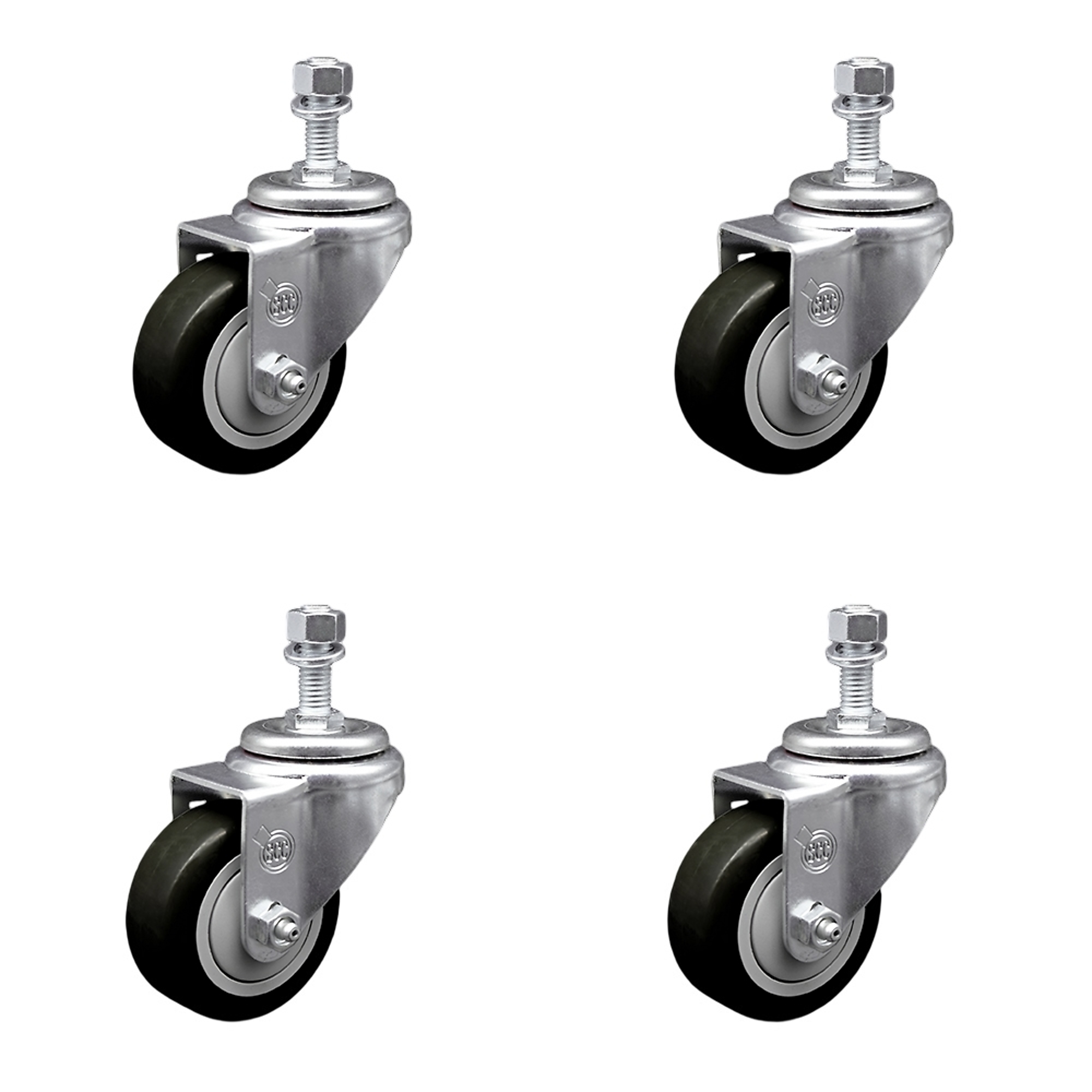 Service Caster, 3Inch x 1 1/4Inch Stem Casters, Wheel Diameter 3 in, Caster Type Swivel, Package (qty.) 4, Model SCC-SSTS20S314-PPUB-BLK-M1215-4