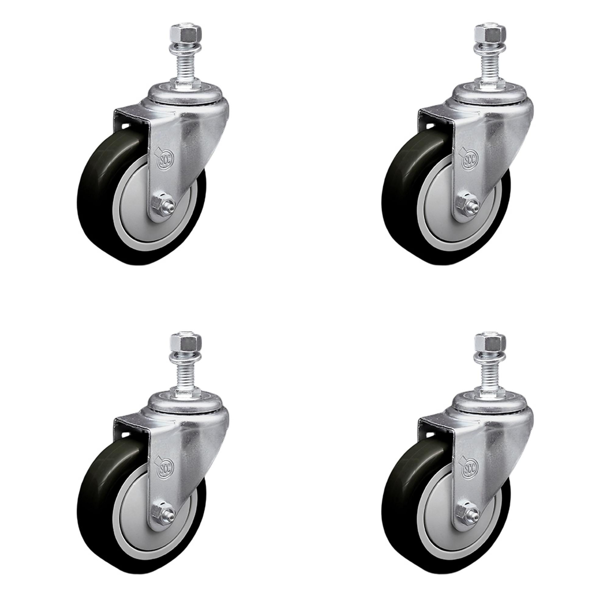 Service Caster, 4Inch x 1 1/4Inch Stem Casters, Wheel Diameter 4 in, Caster Type Swivel, Package (qty.) 4, Model SCC-SSTS20S414-PPUB-BLK-M1215-4