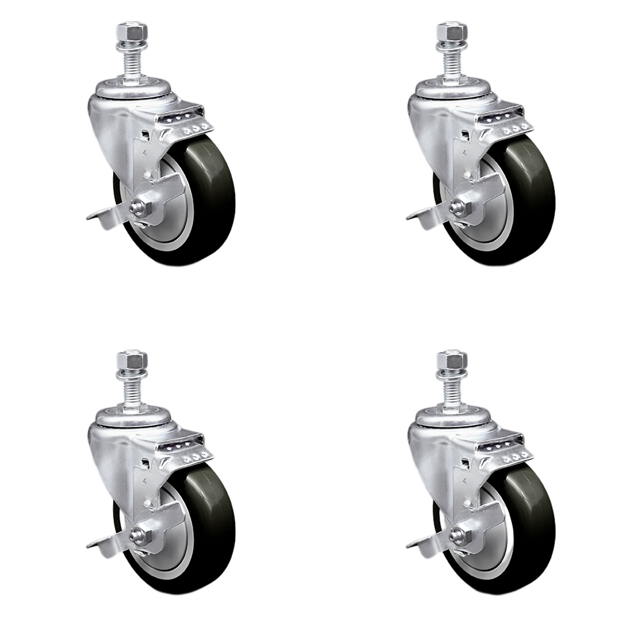 Service Caster, 4Inch x 1 1/4Inch Stem Casters, Wheel Diameter 4 in, Caster Type Swivel, Package (qty.) 4, Model SCC-SSTS20S414-PPUB-BLK-TLB-M1215-4