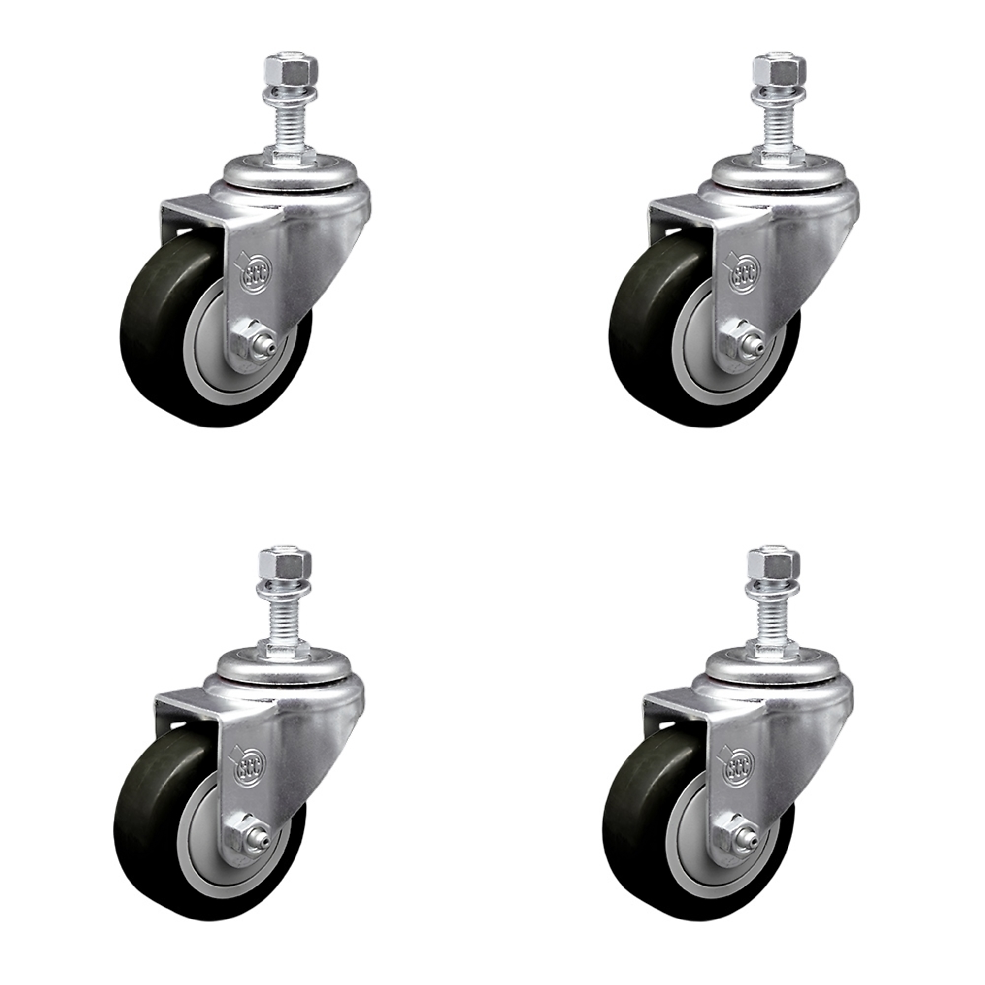 Service Caster, 3 1/2Inch x 1 1/4Inch Stem Casters, Wheel Diameter 3.5 in, Caster Type Swivel, Package (qty.) 4, Model SCC-SSTS20S3514-PPUB-BLK-M1215-