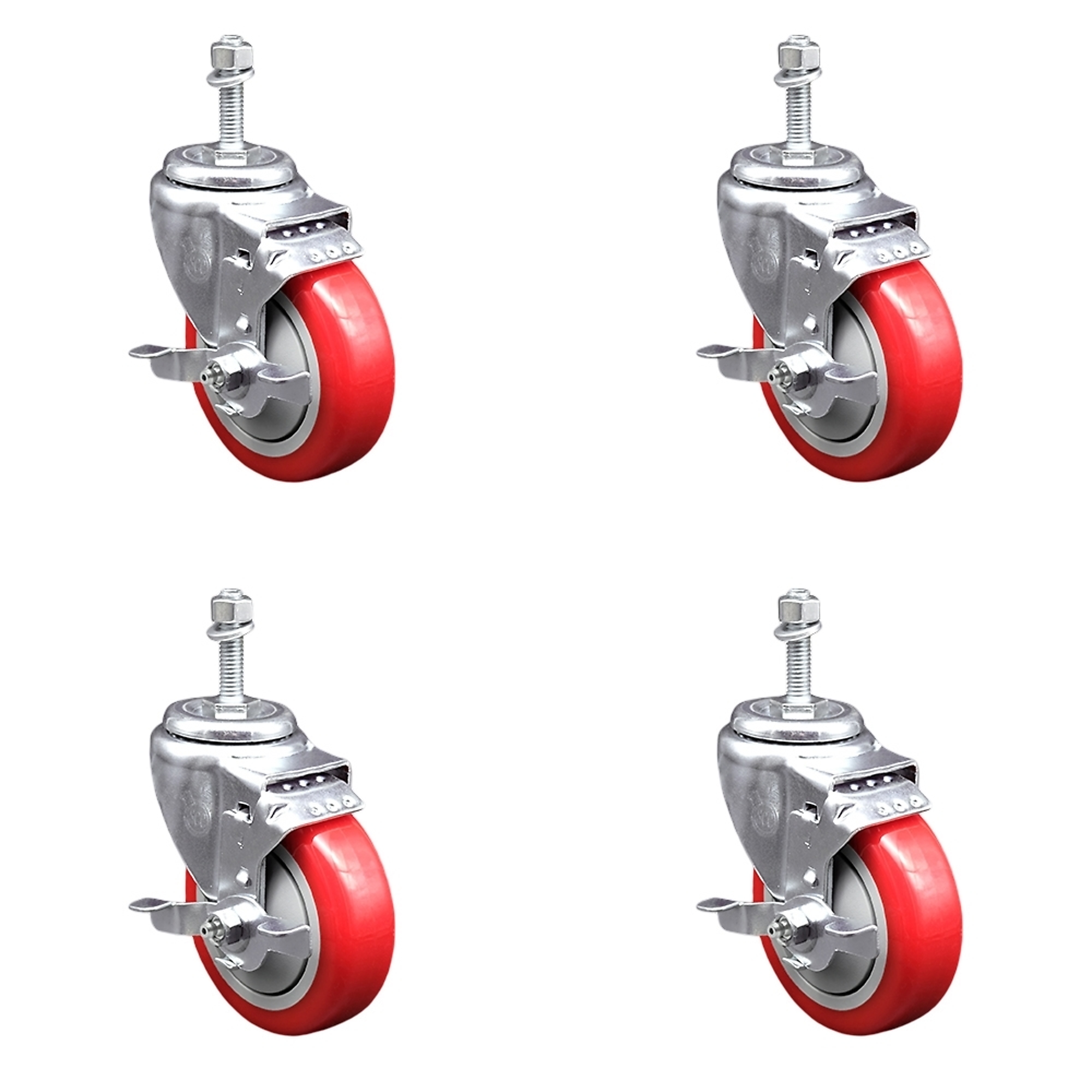 Service Caster, 4Inch x 1 1/4Inch Stem Casters, Wheel Diameter 4 in, Caster Type Swivel, Package (qty.) 4, Model SCC-TS20S414-PPUB-RED-TLB-M1015-4