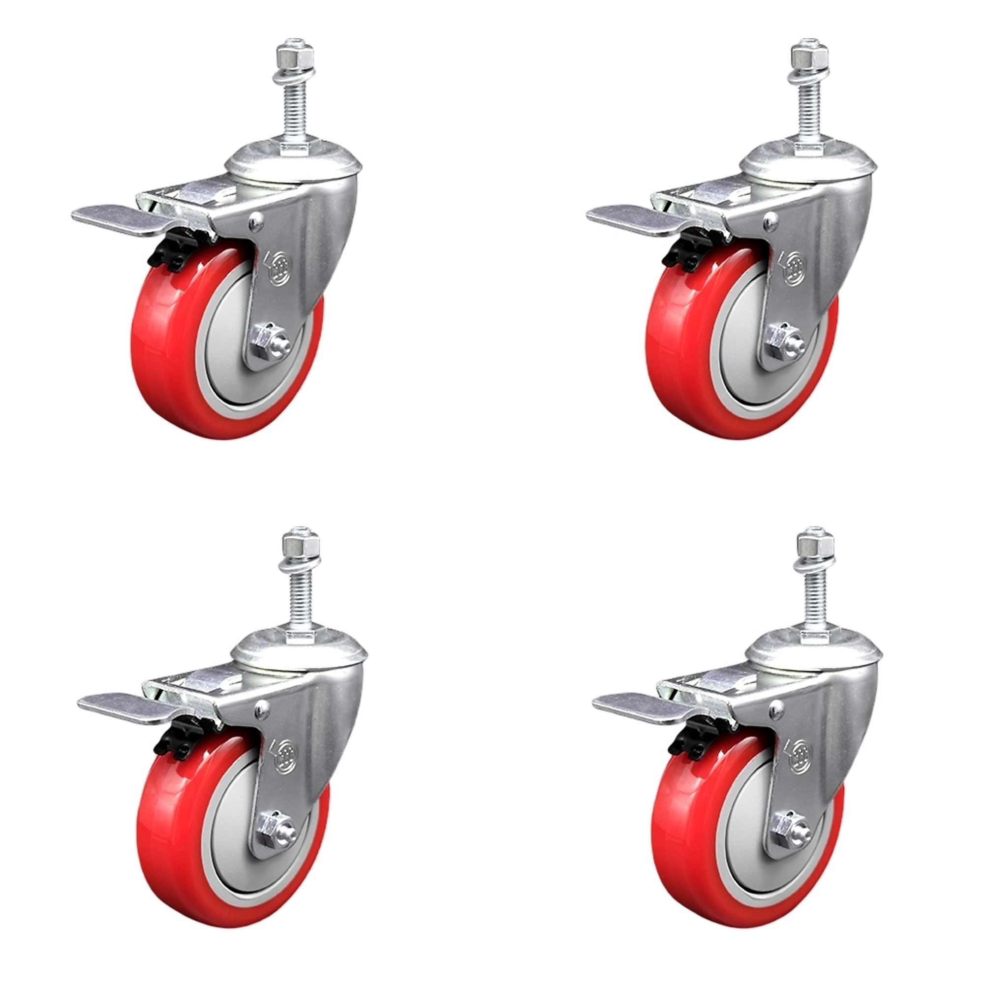 Service Caster, 4Inch x 1 1/4Inch Stem Casters, Wheel Diameter 4 in, Caster Type Swivel, Package (qty.) 4, Model SCC-TSTTL20S414-PPUB-RED-M1015-4