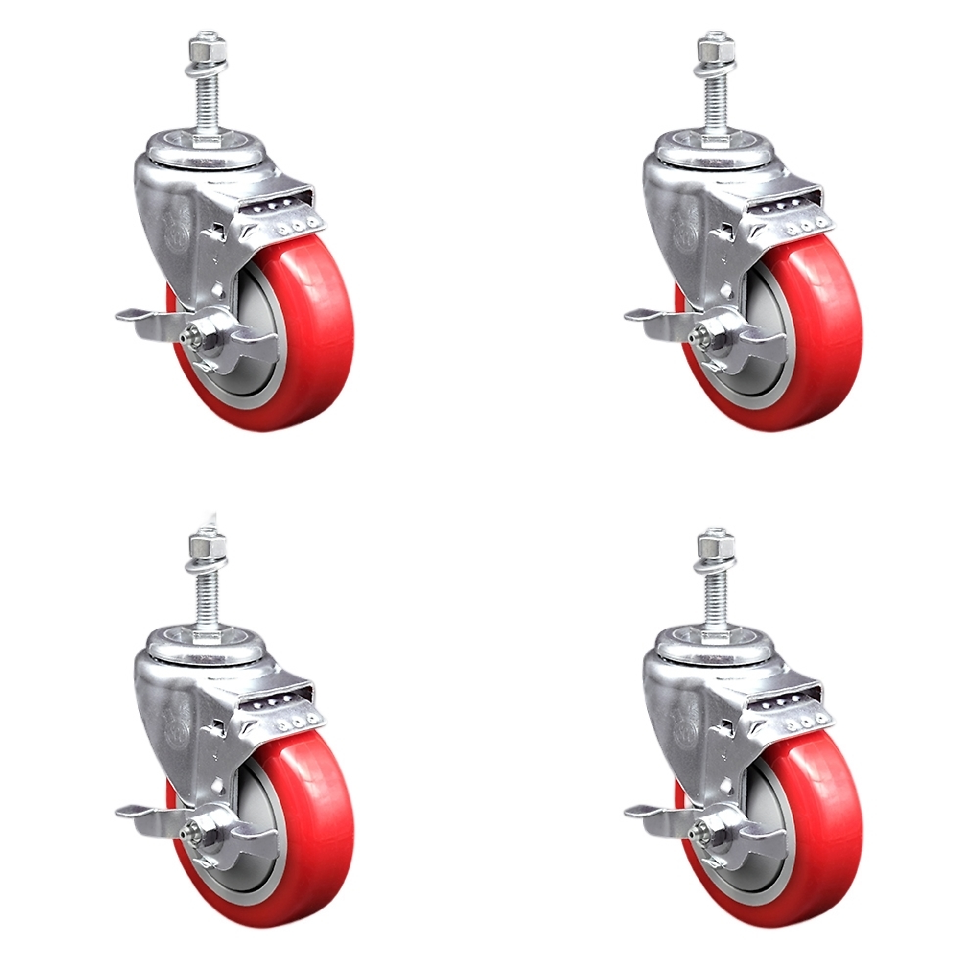 Service Caster, 4Inch x 1 1/4Inch Stem Casters, Wheel Diameter 4 in, Caster Type Swivel, Package (qty.) 4, Model SCC-SSTS20S414-PPUB-RED-TLB-M1015-4