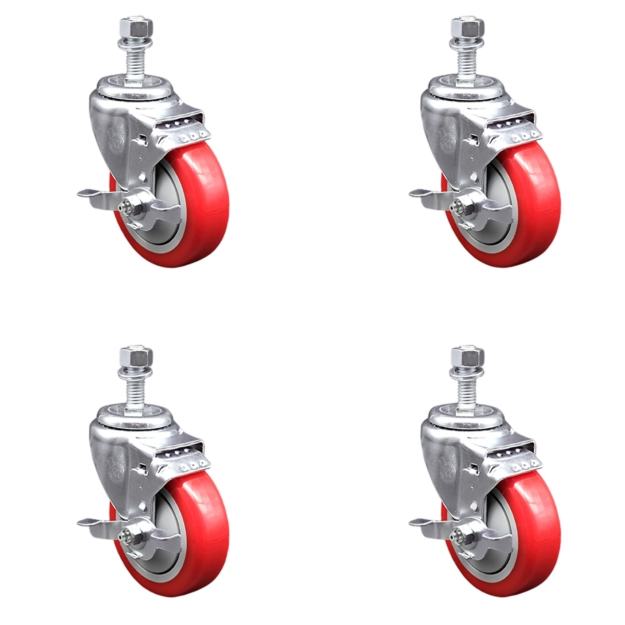 Service Caster, 4Inch x 1 1/4Inch Stem Casters, Wheel Diameter 4 in, Caster Type Swivel, Package (qty.) 4, Model SCC-TS20S414-PPUB-RED-TLB-M1215-4