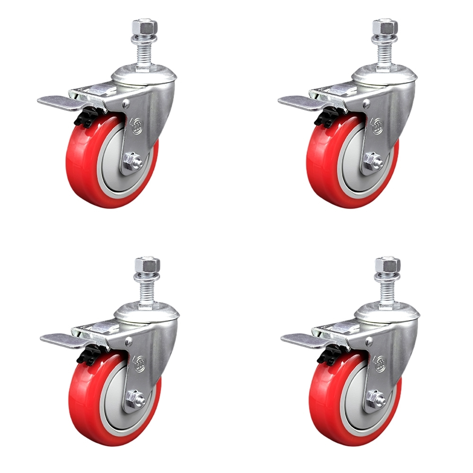 Service Caster, 4Inch x 1 1/4Inch Stem Casters, Wheel Diameter 4 in, Caster Type Swivel, Package (qty.) 4, Model SCC-TSTTL20S414-PPUB-RED-M1215-4