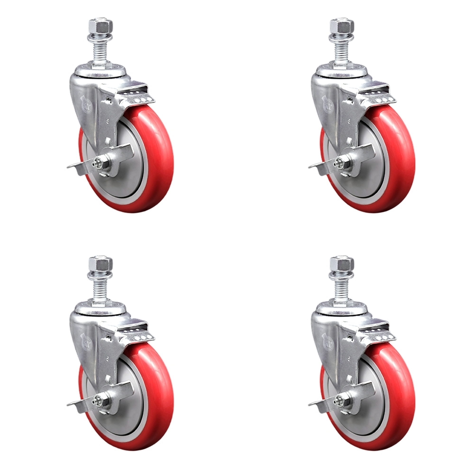 Service Caster, 5Inch x 1 1/4Inch Stem Casters, Wheel Diameter 5 in, Caster Type Swivel, Package (qty.) 4, Model SCC-TS20S514-PPUB-RED-TLB-M1215-4