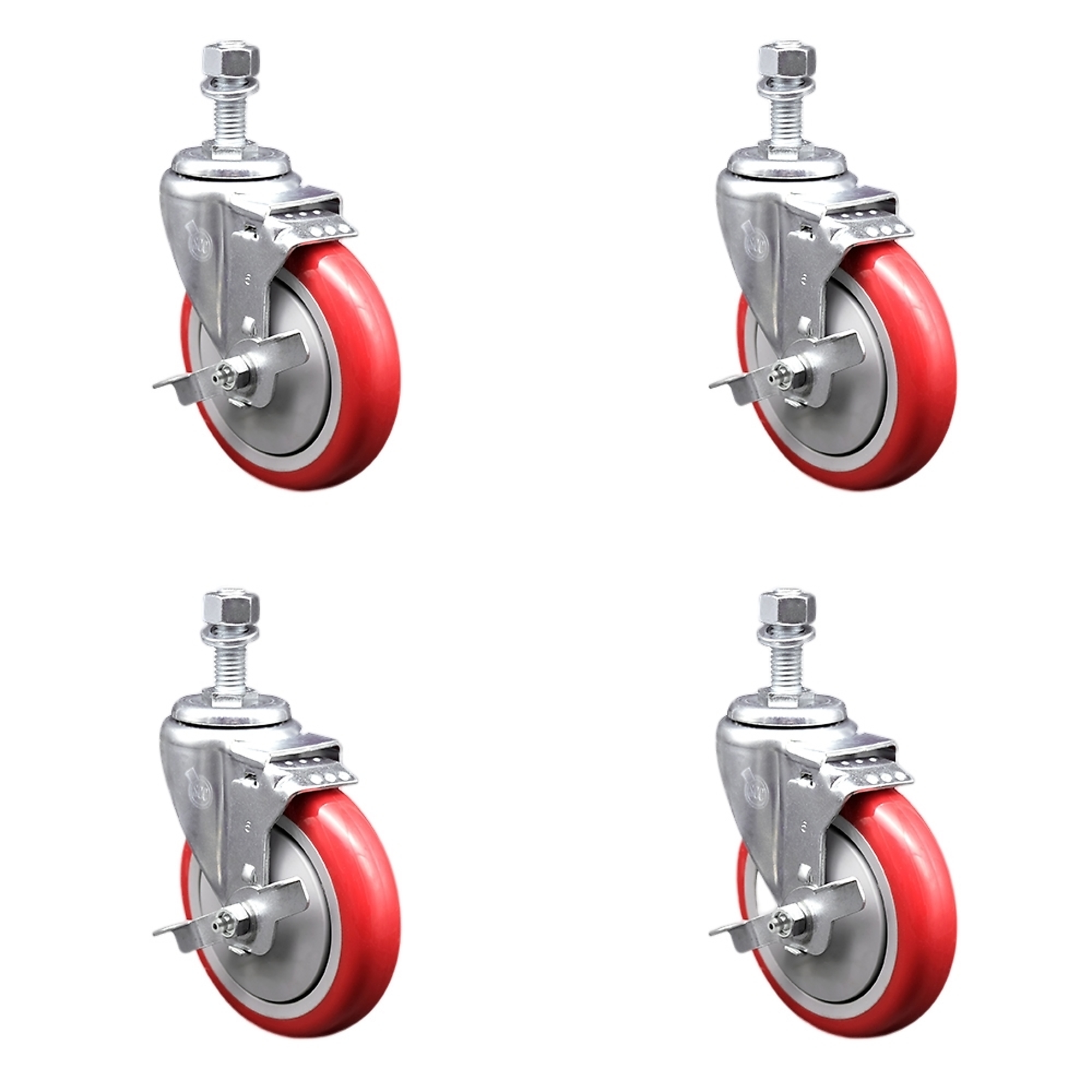 Service Caster, 5Inch x 1 1/4Inch Stem Casters, Wheel Diameter 5 in, Caster Type Swivel, Package (qty.) 4, Model SCC-SSTS20S514-PPUB-RED-TLB-M1215-4