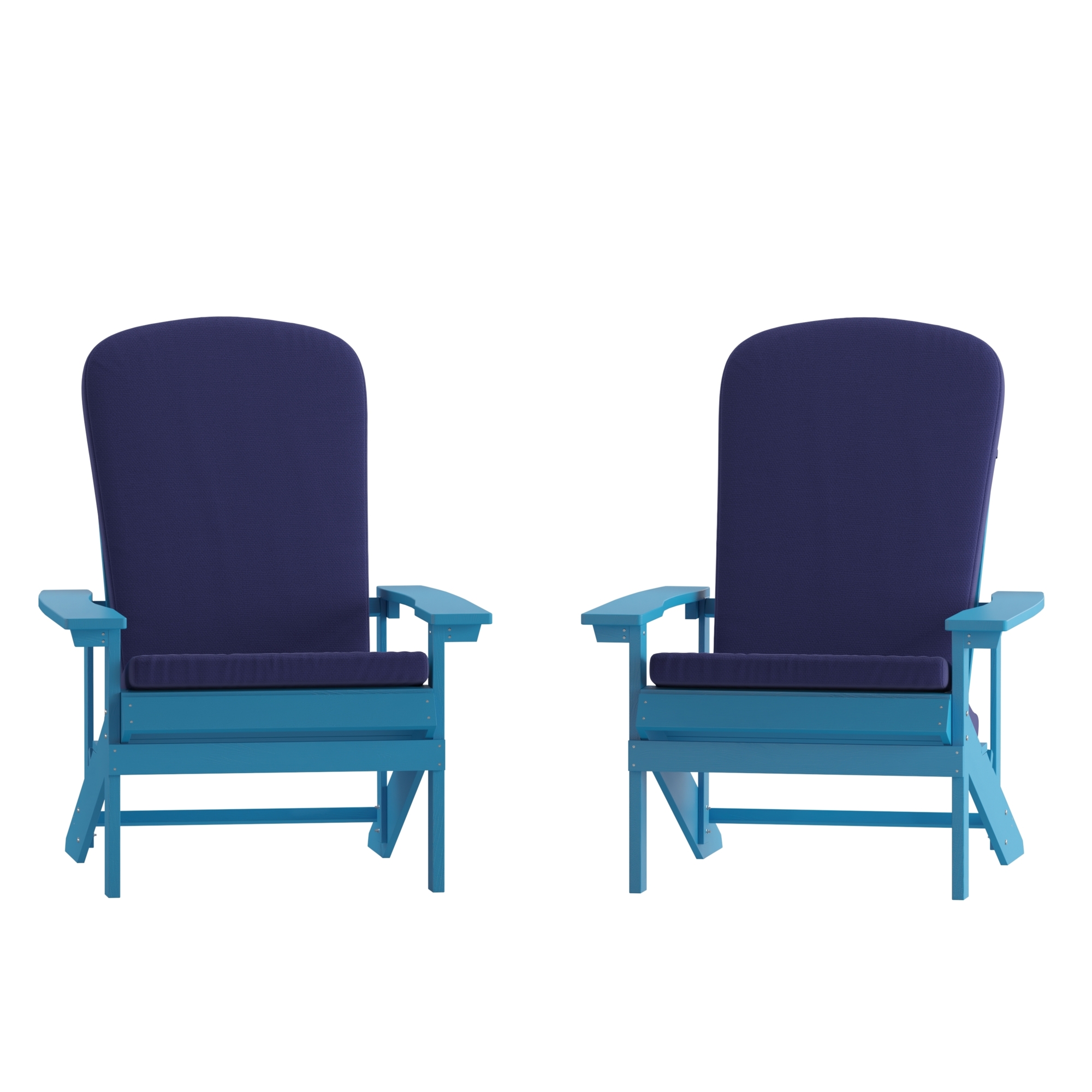 Flash Furniture, 2PK Blue Adirondack Chairs with Blue Cushions, Primary Color Blue, Material Polypropylene, Width 29.5 in, Model 2JJC14501CSBLBL