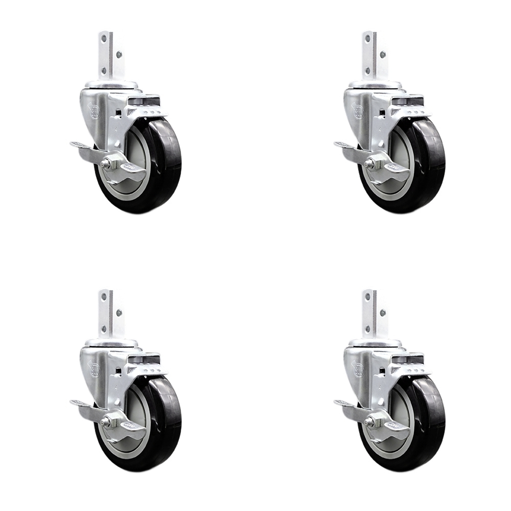 Service Caster, 4Inch x 1 1/4Inch Stem Casters, Wheel Diameter 4 in, Caster Type Swivel, Package (qty.) 4, Model SCC-SQ20S414-PPUB-BLK-TLB-78-4