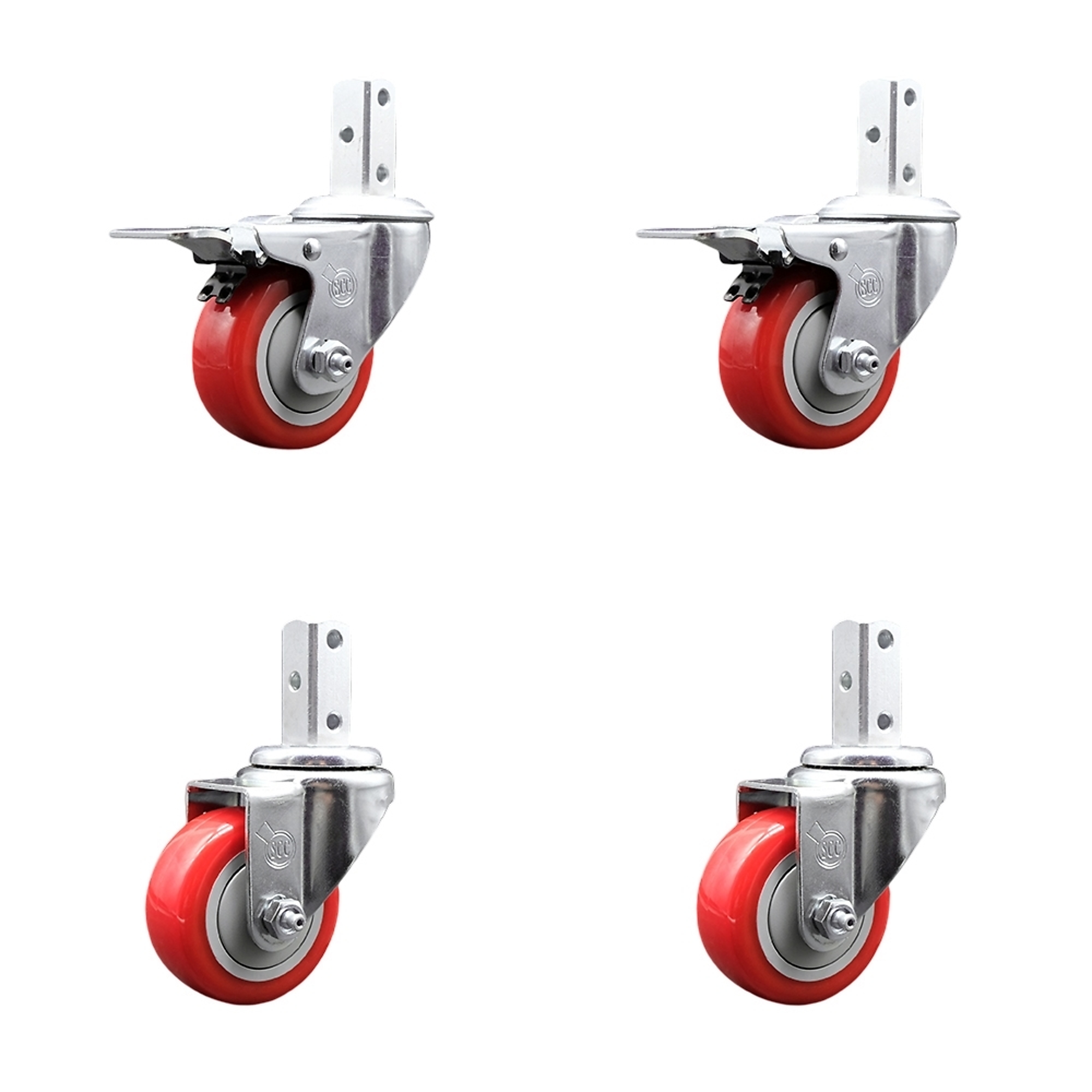 Service Caster, 3Inch x 1 1/4Inch Stem Casters, Wheel Diameter 3 in, Caster Type Swivel, Package (qty.) 4, Model SCC-SQTTL20S314-PPUB-RED-78-2-S-2