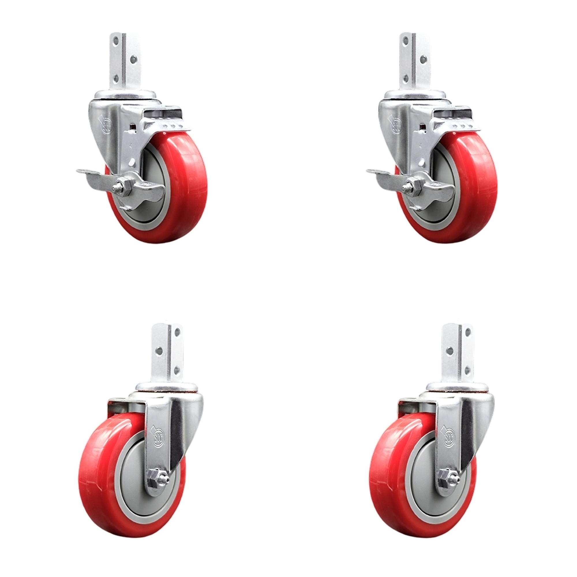 Service Caster, 4Inch x 1 1/4Inch Stem Casters, Wheel Diameter 4 in, Caster Type Swivel, Package (qty.) 4, Model SCC-SQ20S414-PPUB-RED-TLB-78-2-S-2