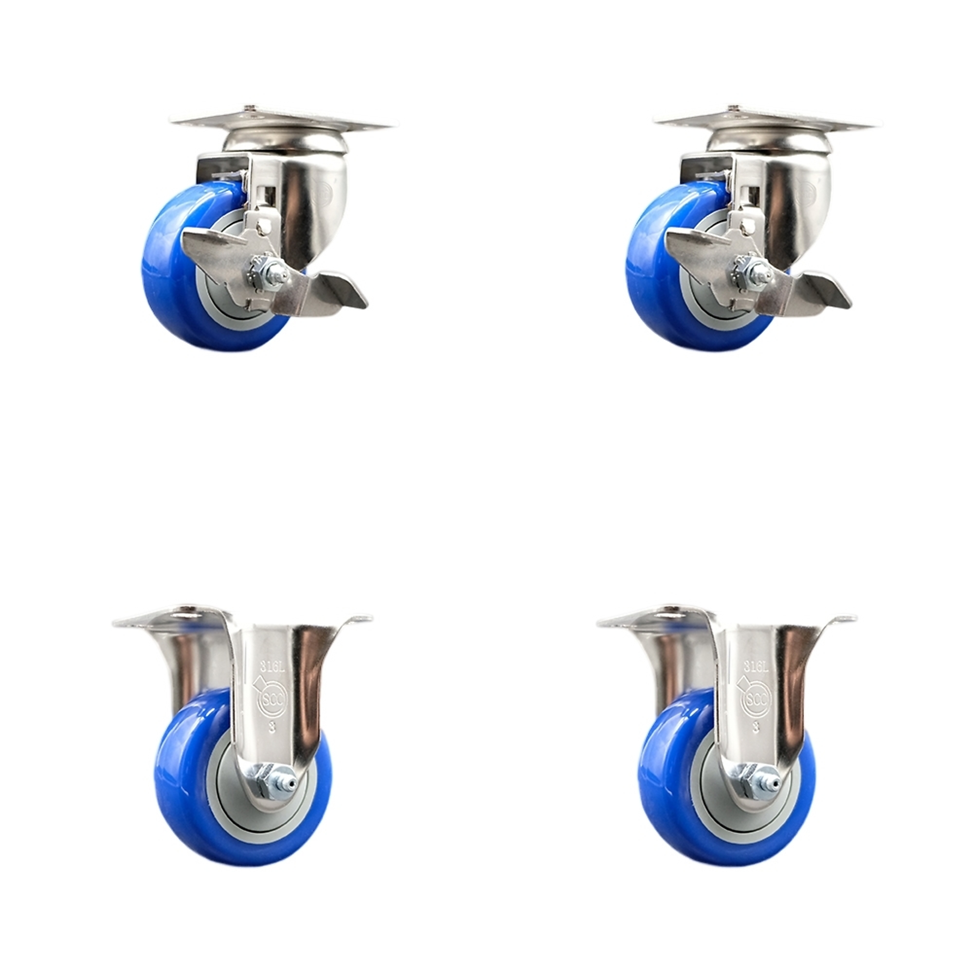 Service Caster, 3Inch x 1 1/4Inch Plate Casters, Wheel Diameter 3 in, Caster Type Swivel, Package (qty.) 4, Model SCC-SS31620S314-PPUB-BLUE-TLB-2-R-2