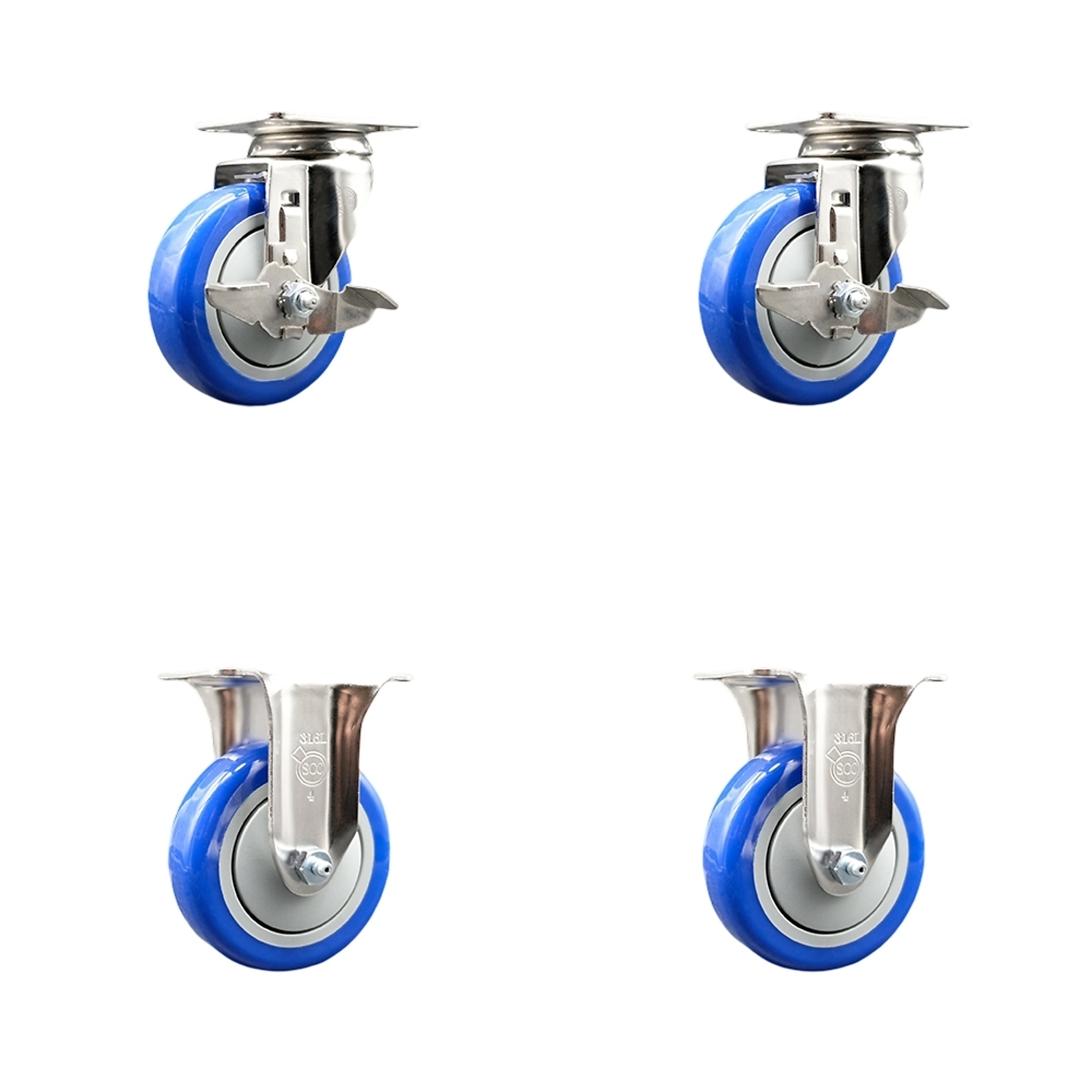 Service Caster, 4Inch x 1 1/4Inch Plate Casters, Wheel Diameter 4 in, Caster Type Swivel, Package (qty.) 4, Model SCC-SS31620S414-PPUB-BLUE-TLB-2-R-2