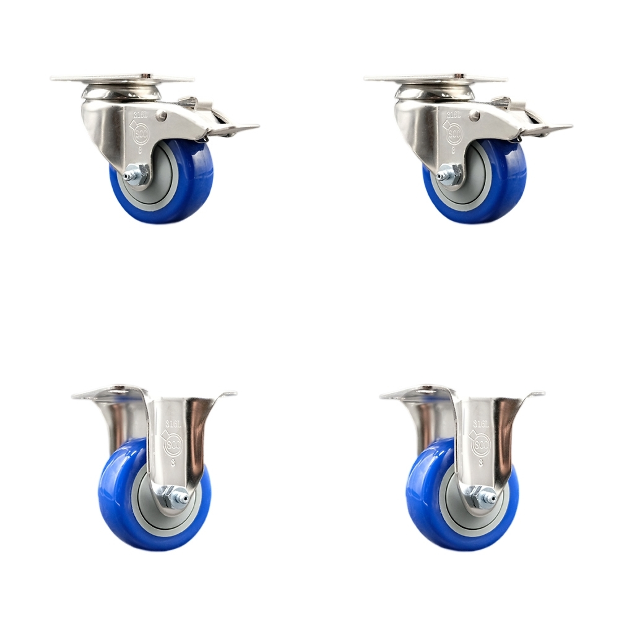 Service Caster, 3 1/2Inch x 1 1/4Inch Plate Casters, Wheel Diameter 3.5 in, Caster Type Swivel, Package (qty.) 4, Model SCC-SS316TTL20S3514-PPUB-BLUE-