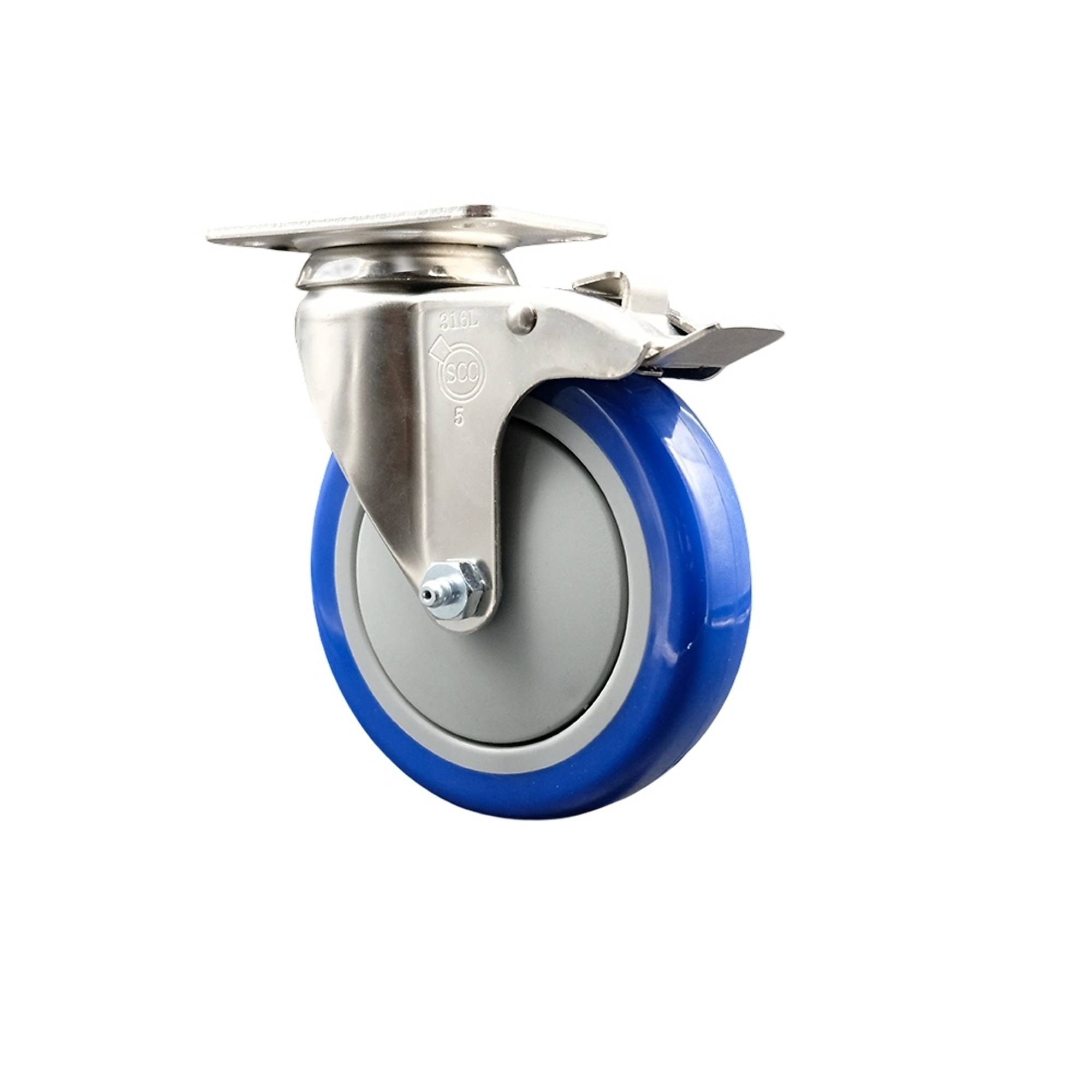 Service Caster, 5Inch x 1 1/4Inch Plate Caster, Wheel Diameter 5 in, Caster Type Swivel, Package (qty.) 1, Model SCC-SS316TTL20S514-PPUB-BLUE