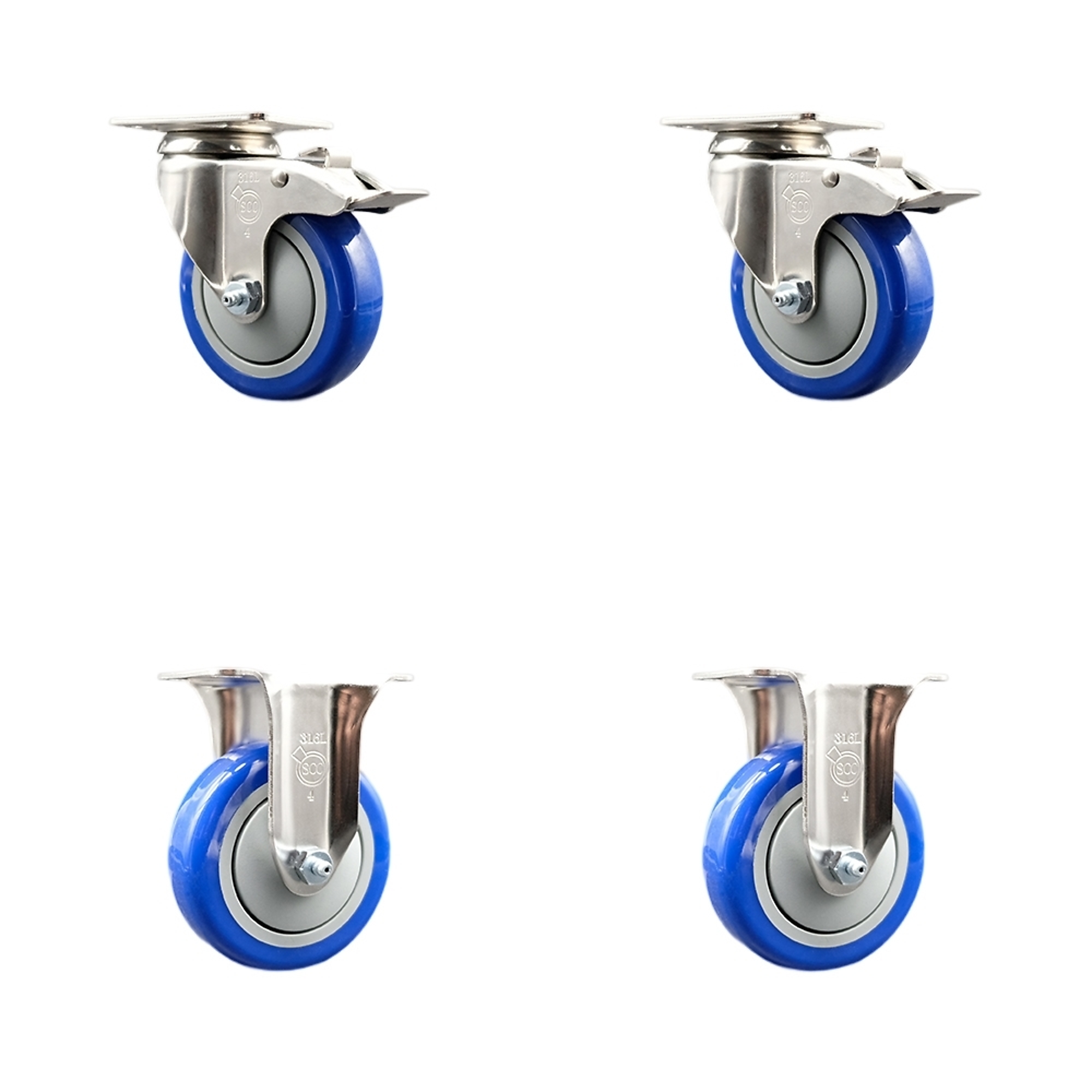 Service Caster, 4Inch x 1 1/4Inch Plate Casters, Wheel Diameter 4 in, Caster Type Swivel, Package (qty.) 4, Model SCC-SS316TTL20S414-PPUB-BLUE-2-R-2