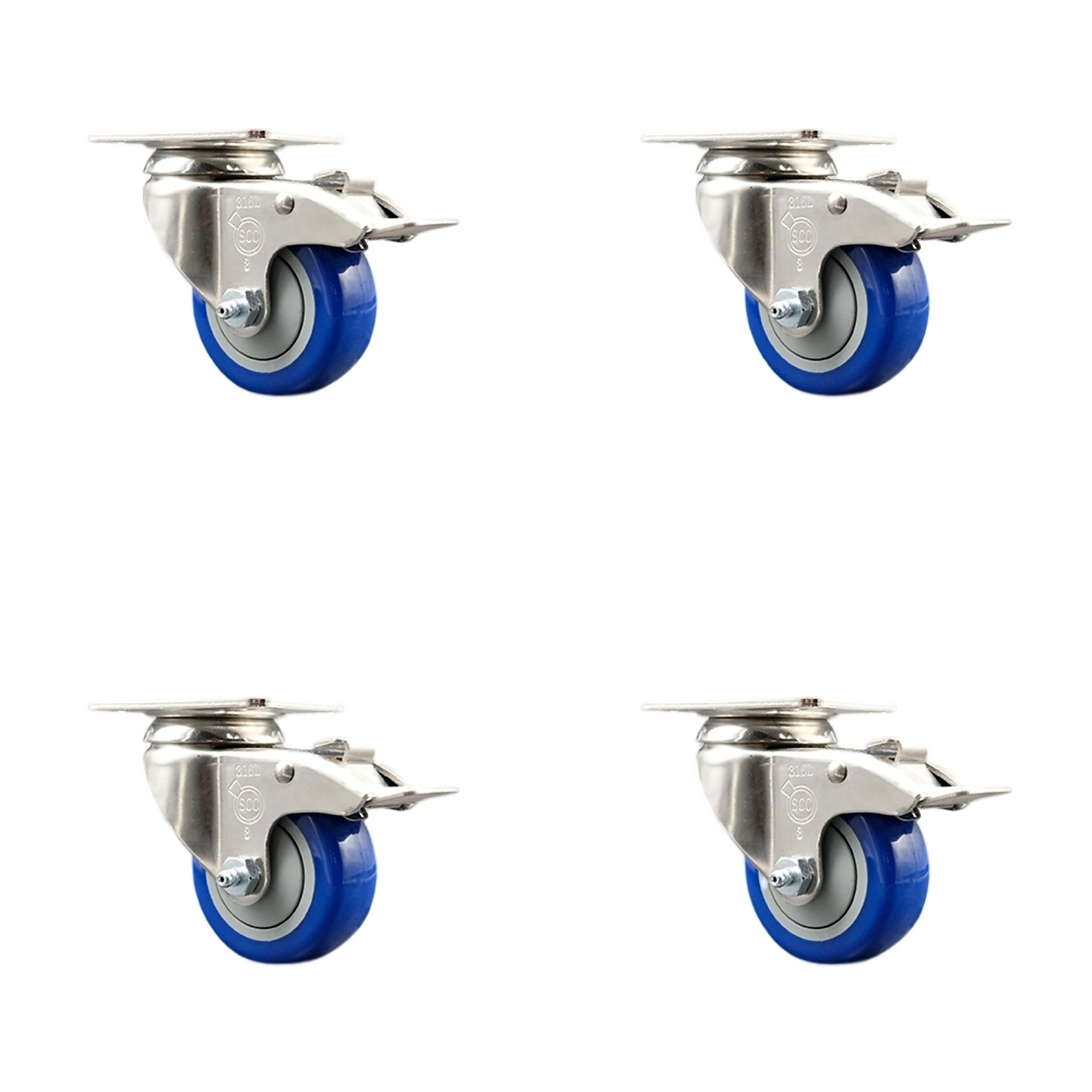 Service Caster, 3Inch x 1 1/4Inch Plate Casters, Wheel Diameter 3 in, Caster Type Swivel, Package (qty.) 4, Model SCC-SS316TTL20S314-PPUB-BLUE-4