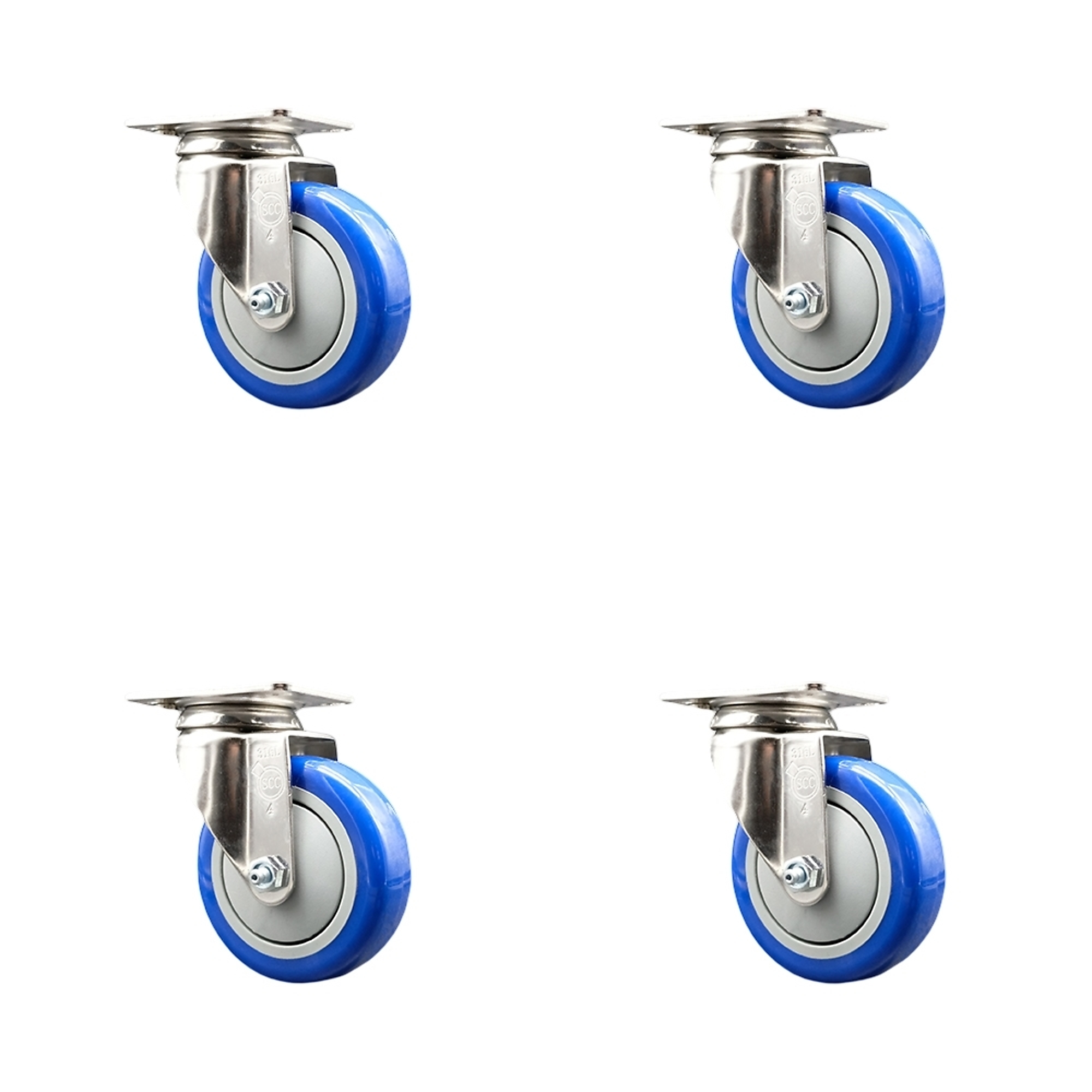 Service Caster, 4Inch x 1 1/4Inch Plate Casters, Wheel Diameter 4 in, Caster Type Swivel, Package (qty.) 4, Model SCC-SS31620S414-PPUB-BLUE-4