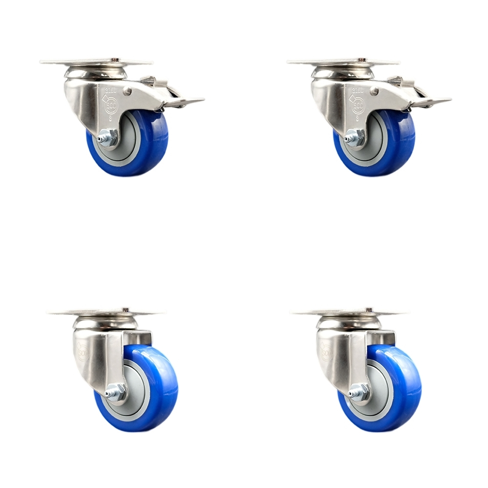 Service Caster, 3Inch x 1 1/4Inch Plate Casters, Wheel Diameter 3 in, Caster Type Swivel, Package (qty.) 4, Model SCC-SS316TTL20S314-PPUB-BLUE-2-S-2