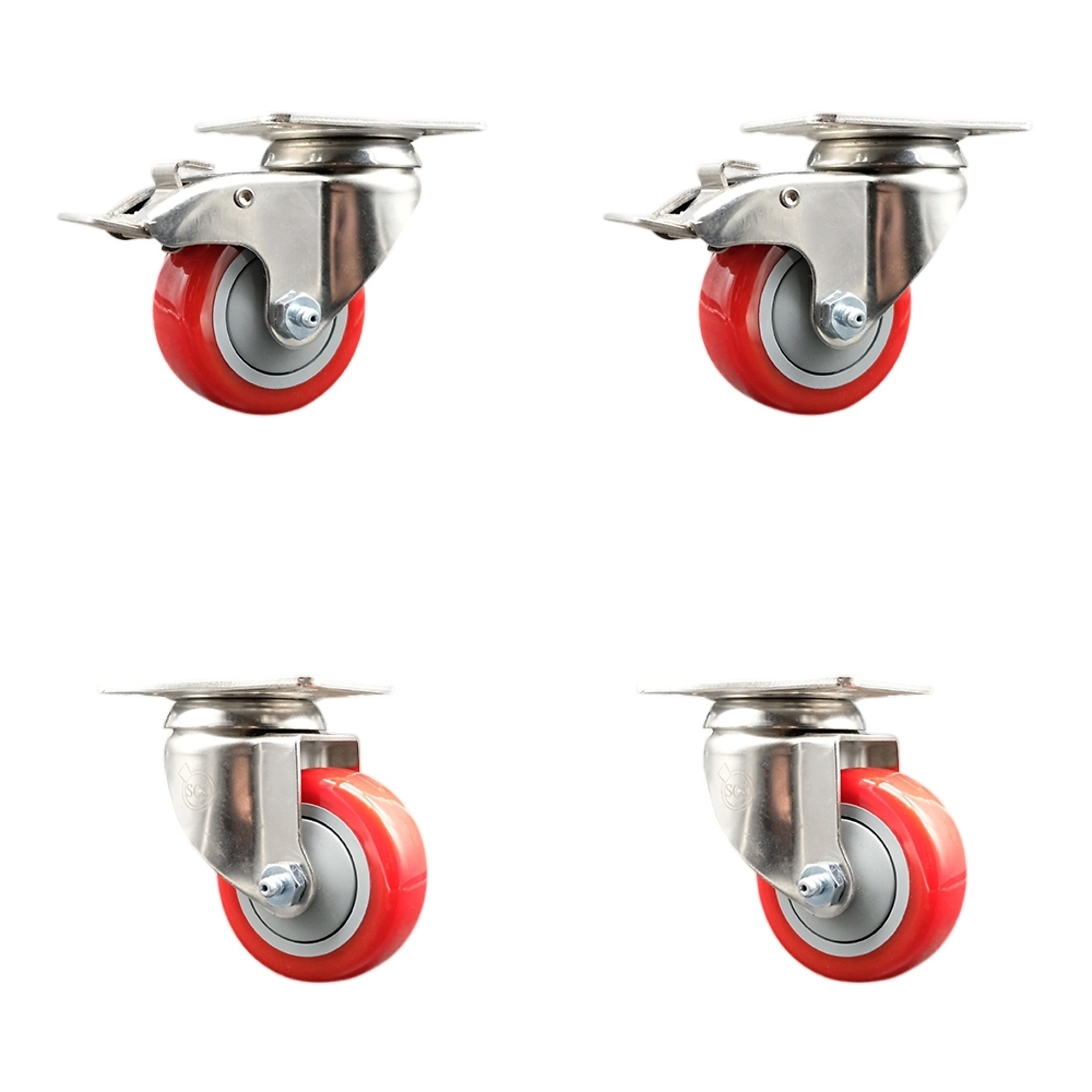 Service Caster, 3Inch x 1 1/4Inch Plate Casters, Wheel Diameter 3 in, Caster Type Swivel, Package (qty.) 4, Model SCC-SS316TTL20S314-PPUB-RED-2-S-2