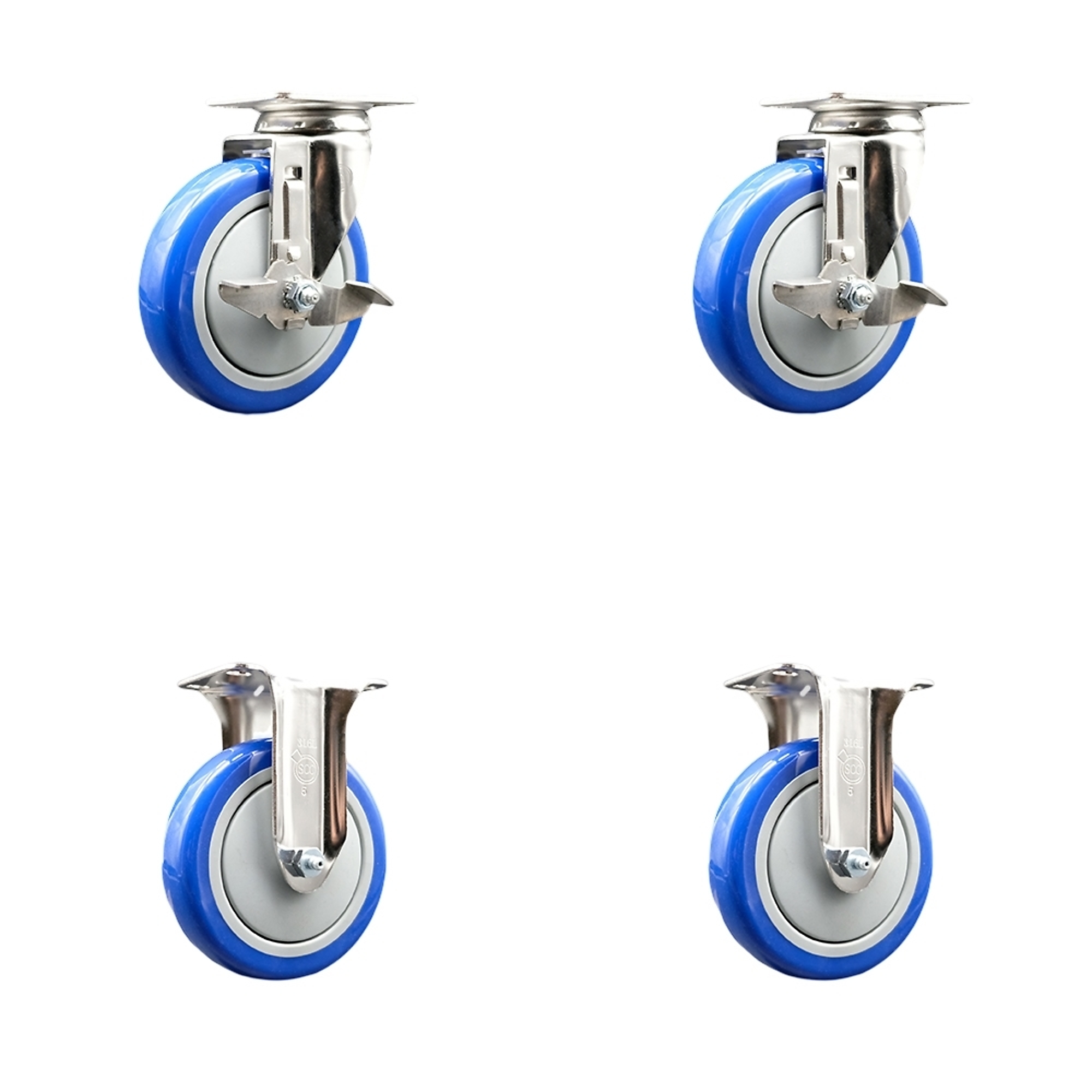 Service Caster, 5Inch x 1 1/4Inch Plate Casters, Wheel Diameter 5 in, Caster Type Swivel, Package (qty.) 4, Model SCC-SS31620S514-PPUB-BLUE-TLB-2-R-2