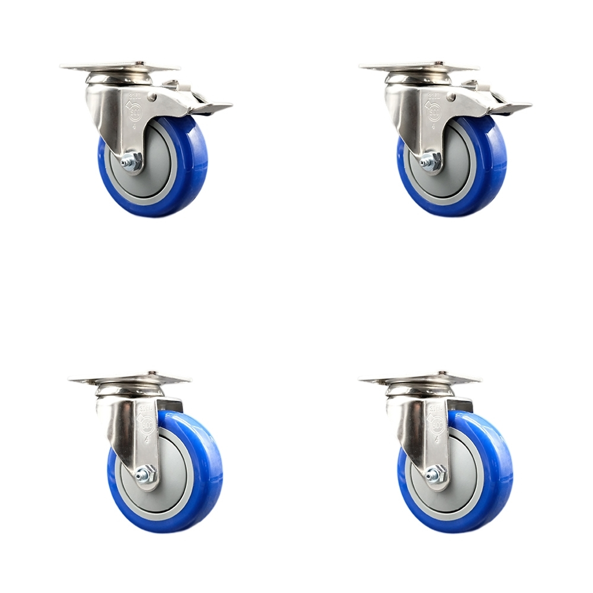 Service Caster, 4Inch x 1 1/4Inch Plate Casters, Wheel Diameter 4 in, Caster Type Swivel, Package (qty.) 4, Model SCC-SS316TTL20S414-PPUB-BLUE-2-S-2