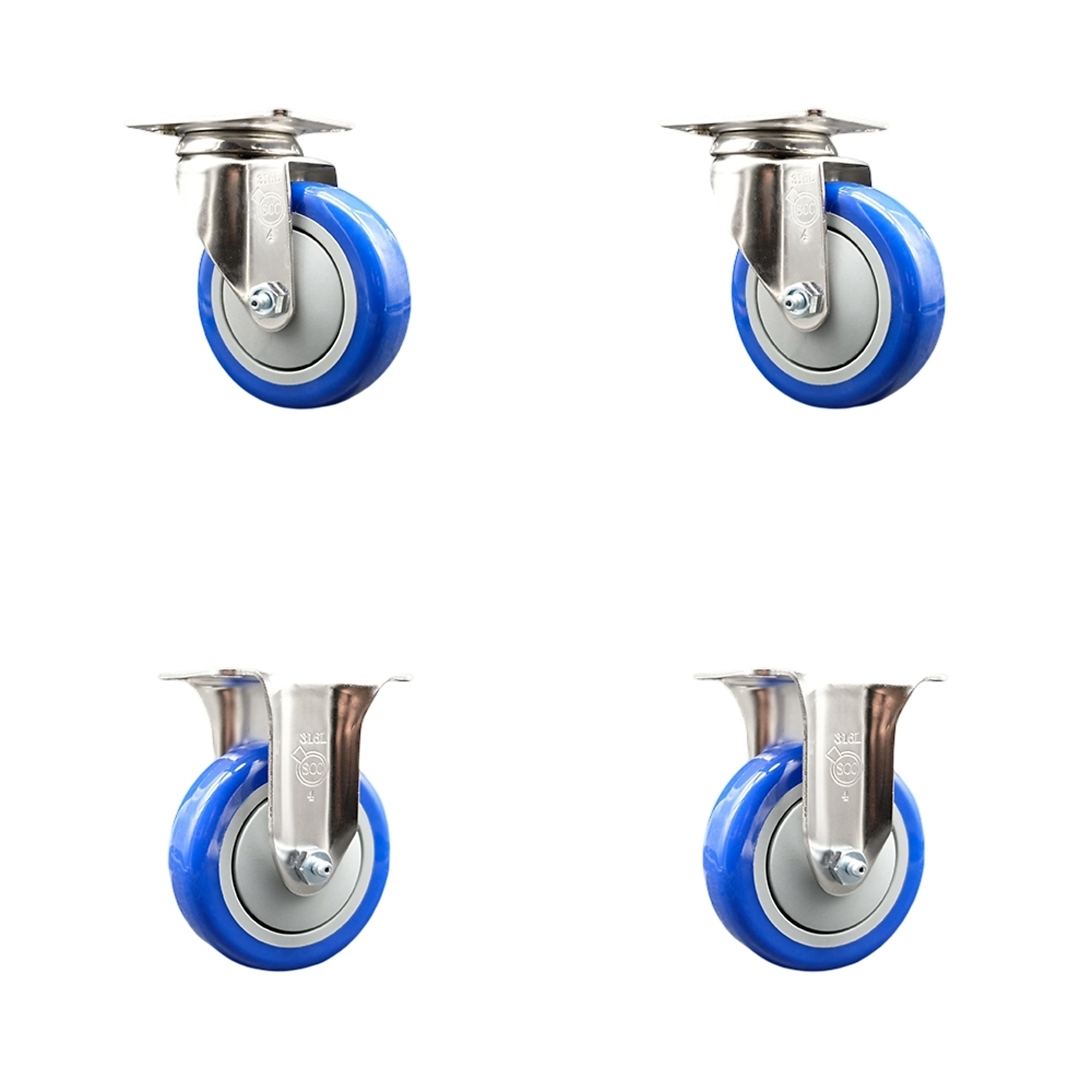 Service Caster, 4Inch x 1 1/4Inch Plate Casters, Wheel Diameter 4 in, Caster Type Swivel, Package (qty.) 4, Model SCC-SS31620S414-PPUB-BLUE-2-R-2