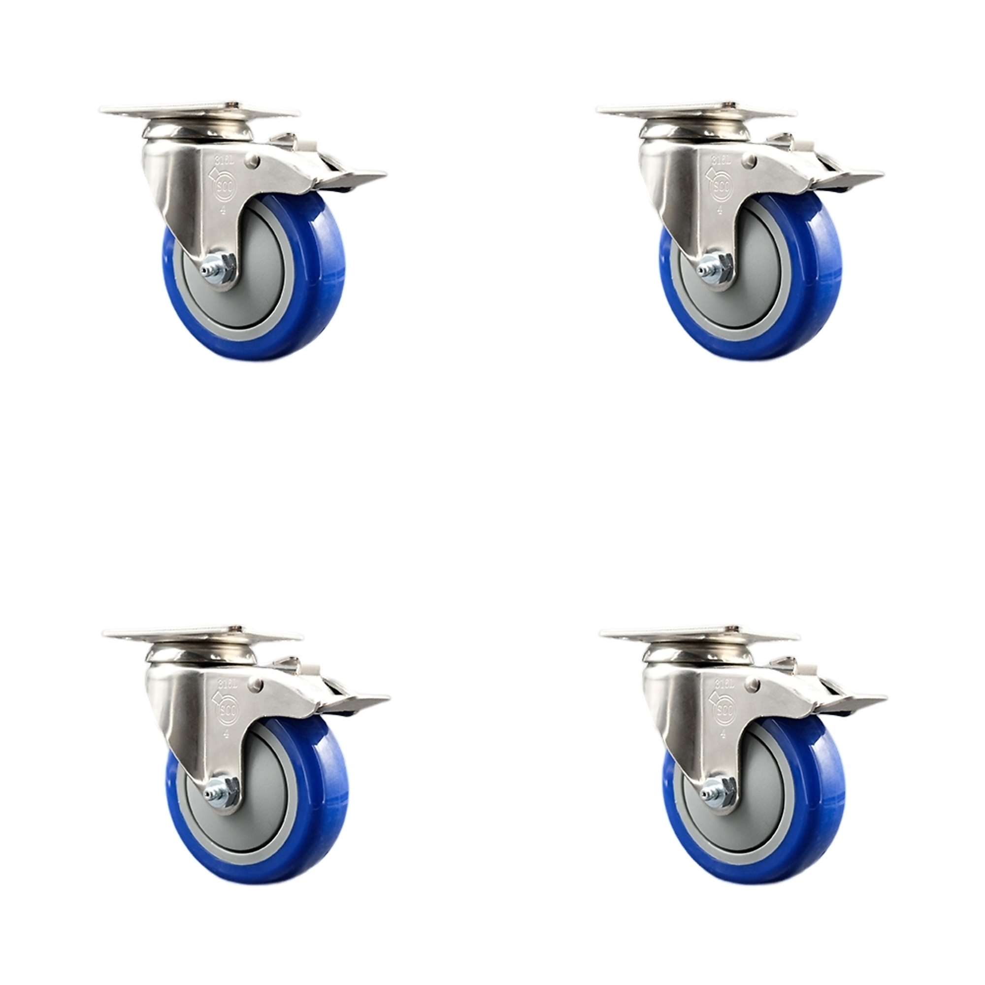 Service Caster, 4Inch x 1 1/4Inch Plate Casters, Wheel Diameter 4 in, Caster Type Swivel, Package (qty.) 4, Model SCC-SS316TTL20S414-PPUB-BLUE-4