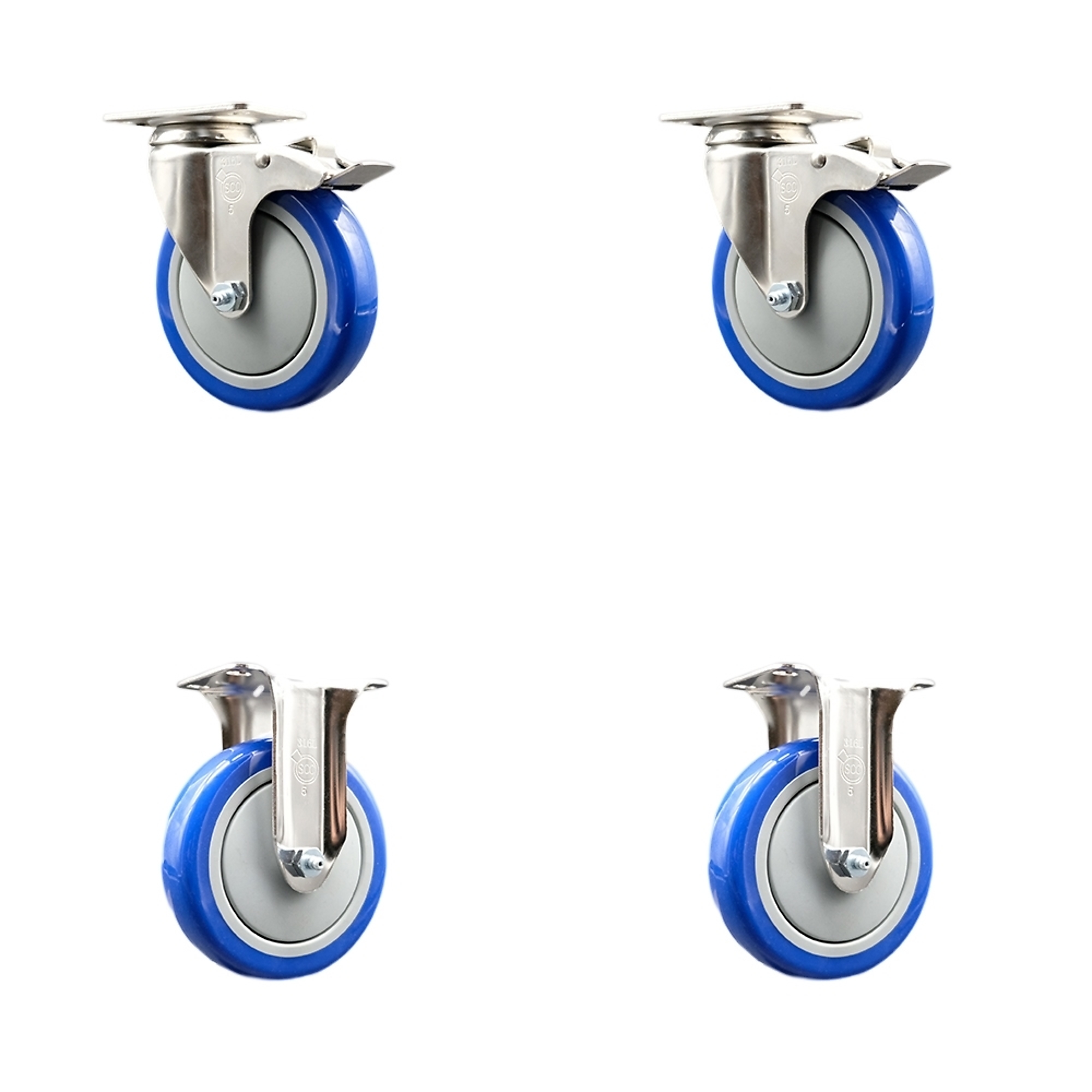 Service Caster, 5Inch x 1 1/4Inch Plate Casters, Wheel Diameter 5 in, Caster Type Swivel, Package (qty.) 4, Model SCC-SS316TTL20S514-PPUB-BLUE-2-R-2