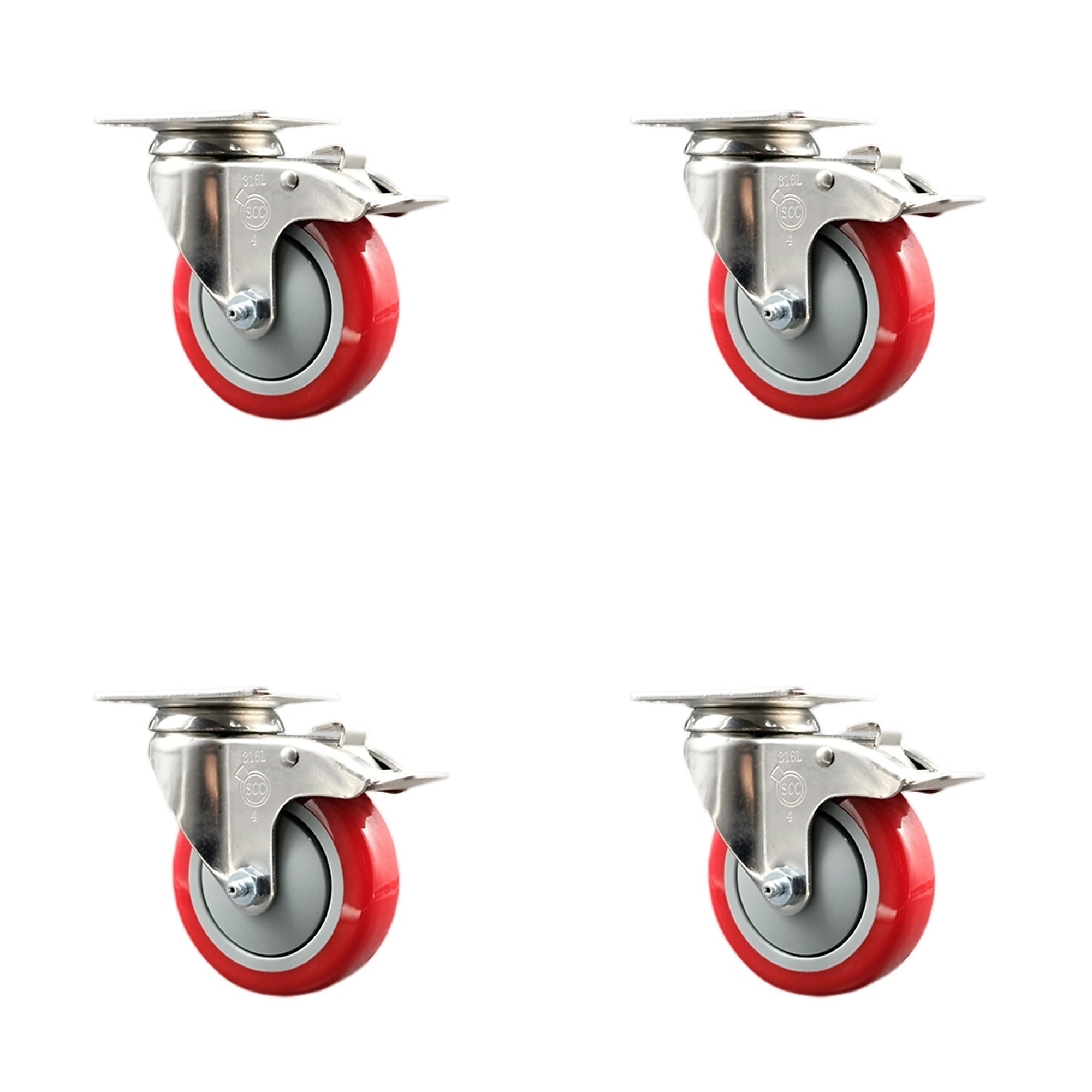 Service Caster, 4Inch x 1 1/4Inch Plate Casters, Wheel Diameter 4 in, Caster Type Swivel, Package (qty.) 4, Model SCC-SS316TTL20S414-PPUB-RED-4