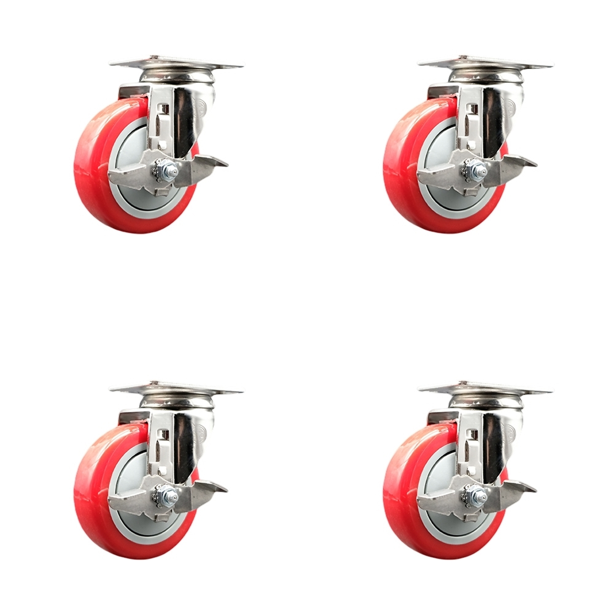 Service Caster, 4Inch x 1 1/4Inch Plate Casters, Wheel Diameter 4 in, Caster Type Swivel, Package (qty.) 4, Model SCC-SS31620S414-PPUB-RED-TLB-4