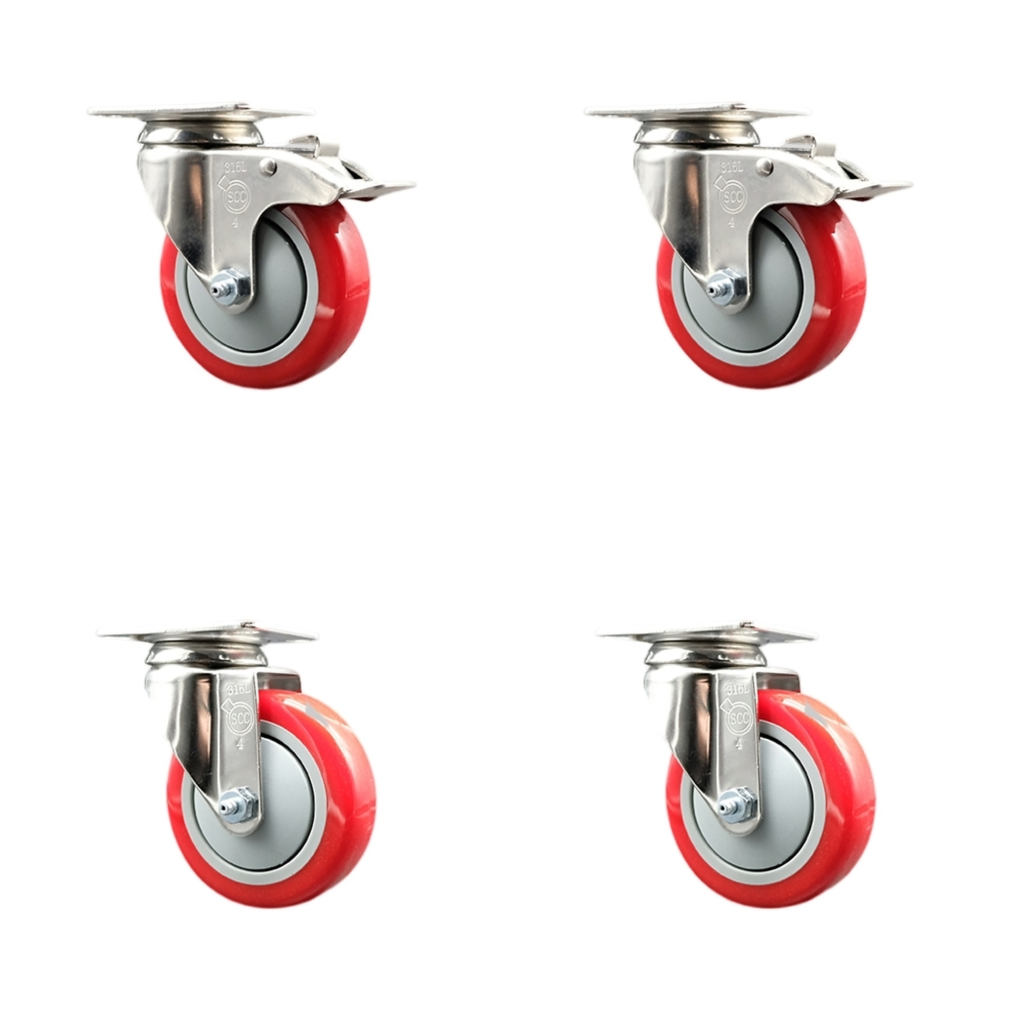 Service Caster, 4Inch x 1 1/4Inch Plate Casters, Wheel Diameter 4 in, Caster Type Swivel, Package (qty.) 4, Model SCC-SS316TTL20S414-PPUB-RED-2-S-2