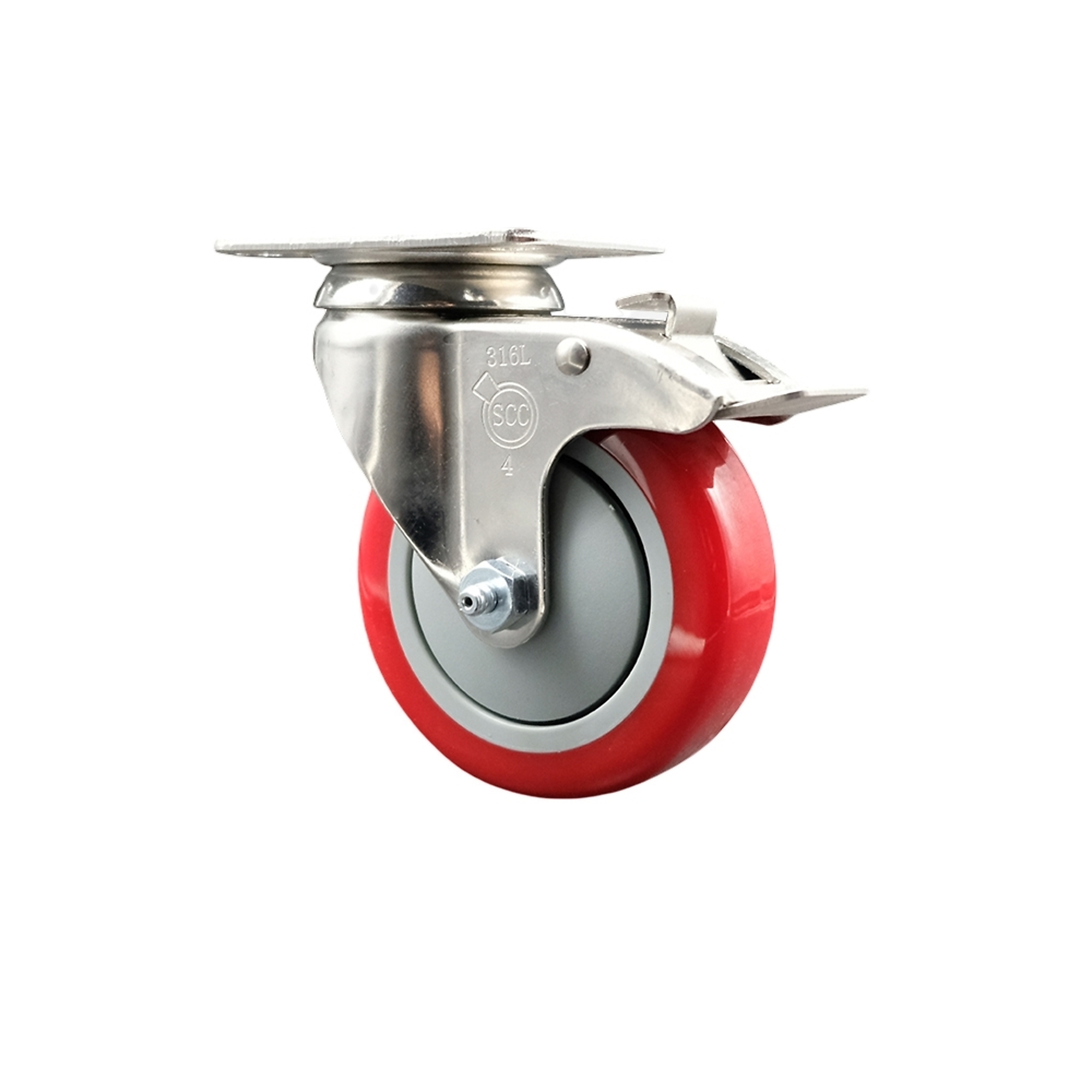 Service Caster, 4Inch x 1 1/4Inch Plate Caster, Wheel Diameter 4 in, Caster Type Swivel, Package (qty.) 1, Model SCC-SS316TTL20S414-PPUB-RED