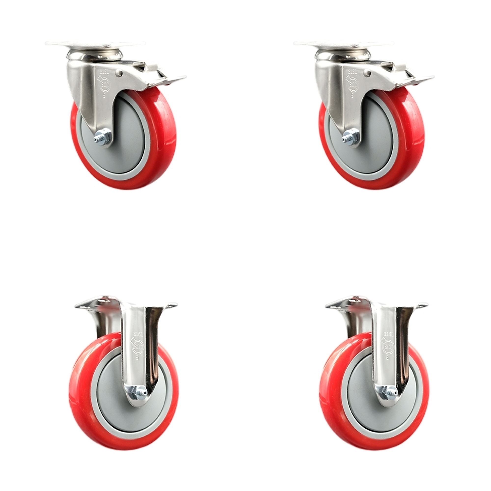 Service Caster, 5Inch x 1 1/4Inch Plate Casters, Wheel Diameter 5 in, Caster Type Swivel, Package (qty.) 4, Model SCC-SS316TTL20S514-PPUB-RED-2-R-2