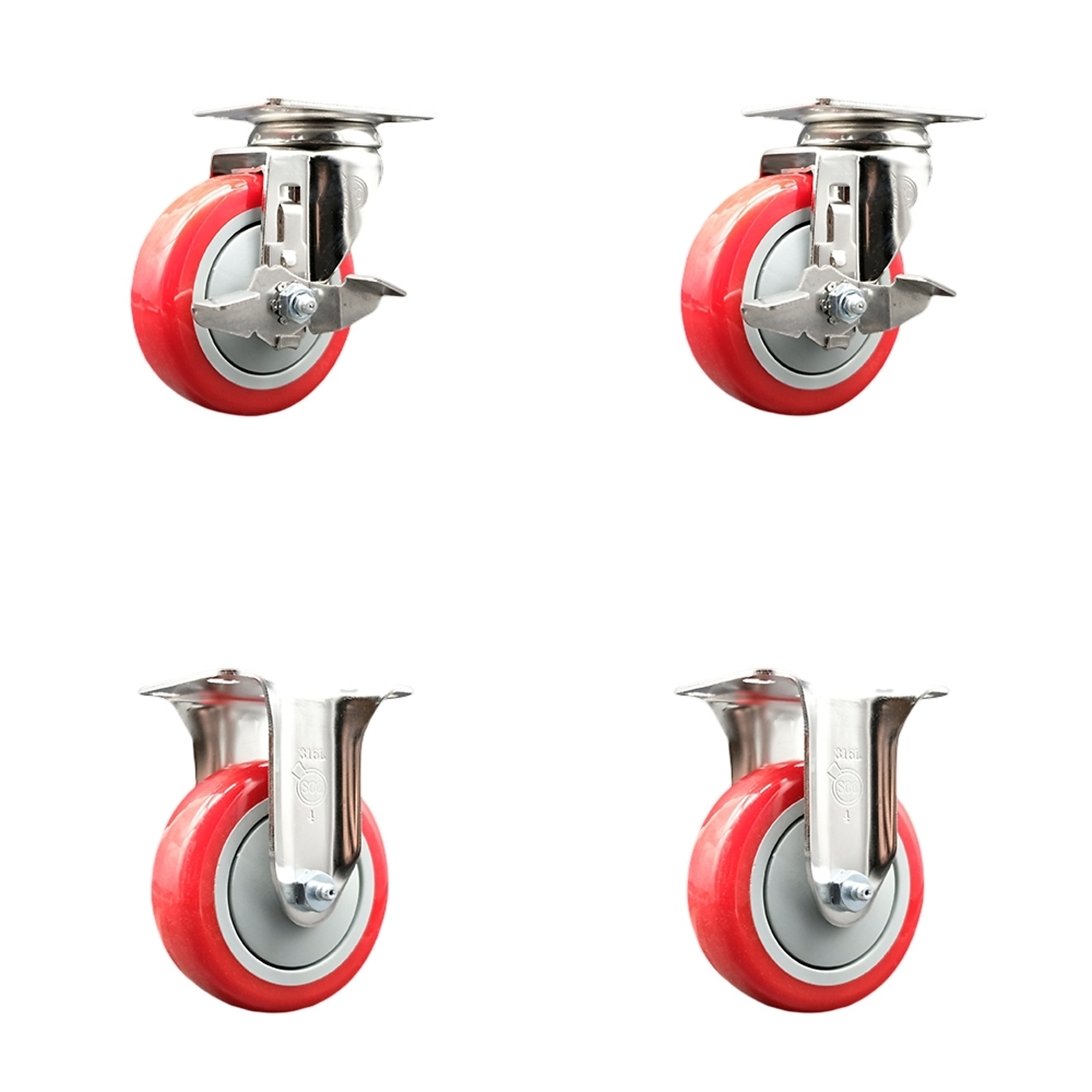 Service Caster, 4Inch x 1 1/4Inch Plate Casters, Wheel Diameter 4 in, Caster Type Swivel, Package (qty.) 4, Model SCC-SS31620S414-PPUB-RED-TLB-2-R-2