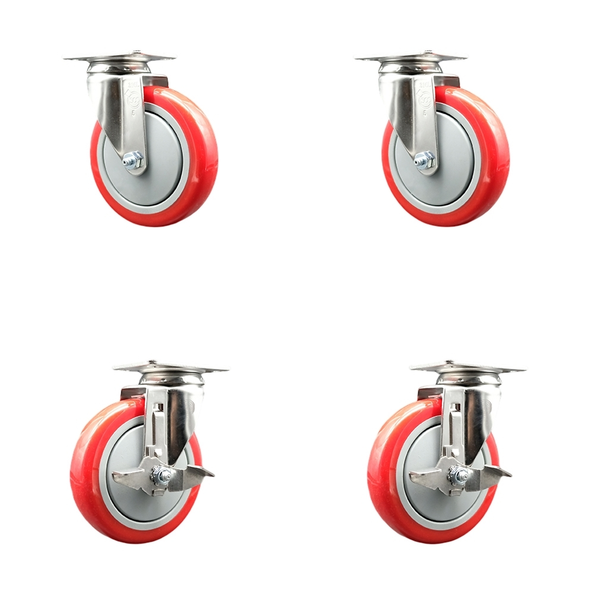 Service Caster, 5Inch x 1 1/4Inch Plate Casters, Wheel Diameter 5 in, Caster Type Swivel, Package (qty.) 4, Model SCC-SS31620S514-PPUB-RED-2-TLB-2