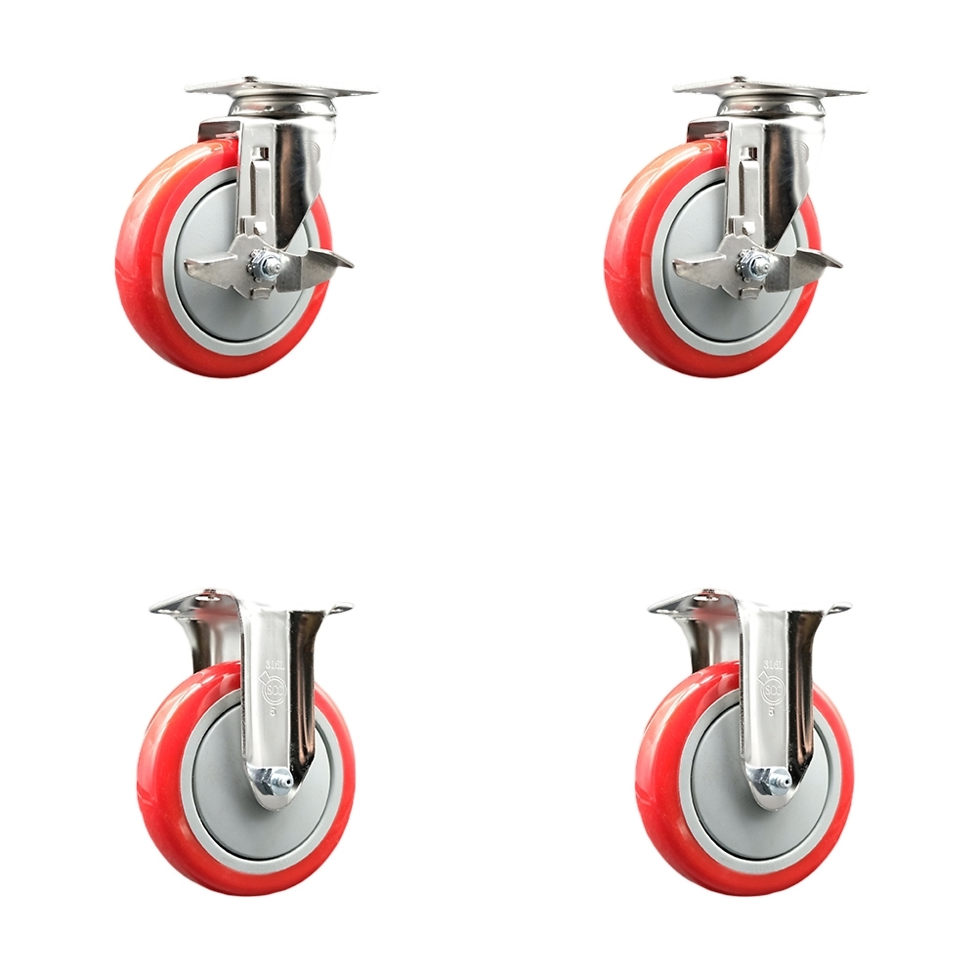 Service Caster, 5Inch x 1 1/4Inch Plate Casters, Wheel Diameter 5 in, Caster Type Swivel, Package (qty.) 4, Model SCC-SS31620S514-PPUB-RED-TLB-2-R-2