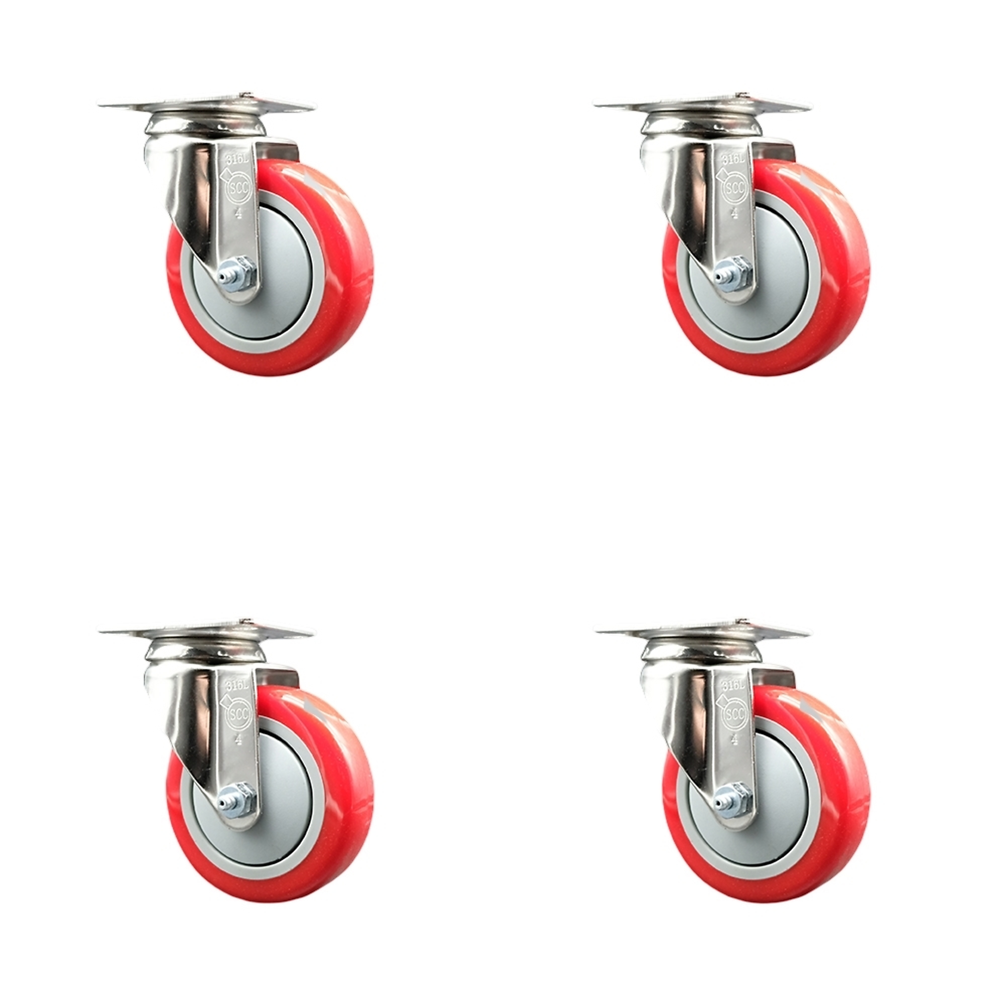 Service Caster, 4Inch x 1 1/4Inch Plate Casters, Wheel Diameter 4 in, Caster Type Swivel, Package (qty.) 4, Model SCC-SS31620S414-PPUB-RED-4