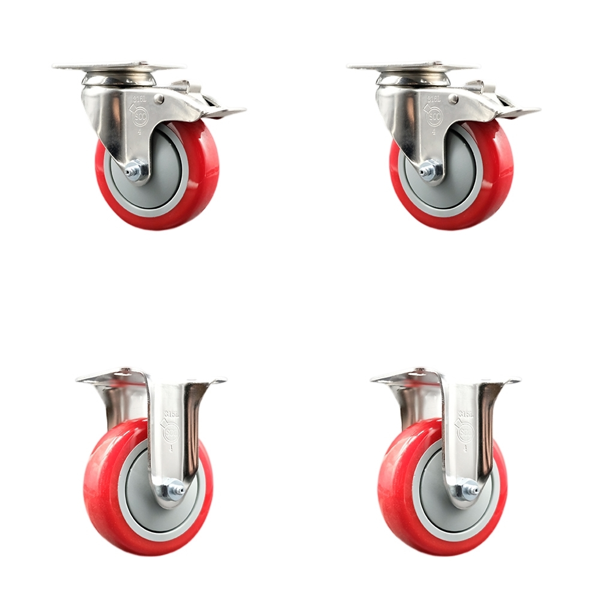 Service Caster, 4Inch x 1 1/4Inch Plate Casters, Wheel Diameter 4 in, Caster Type Swivel, Package (qty.) 4, Model SCC-SS316TTL20S414-PPUB-RED-2-R-2