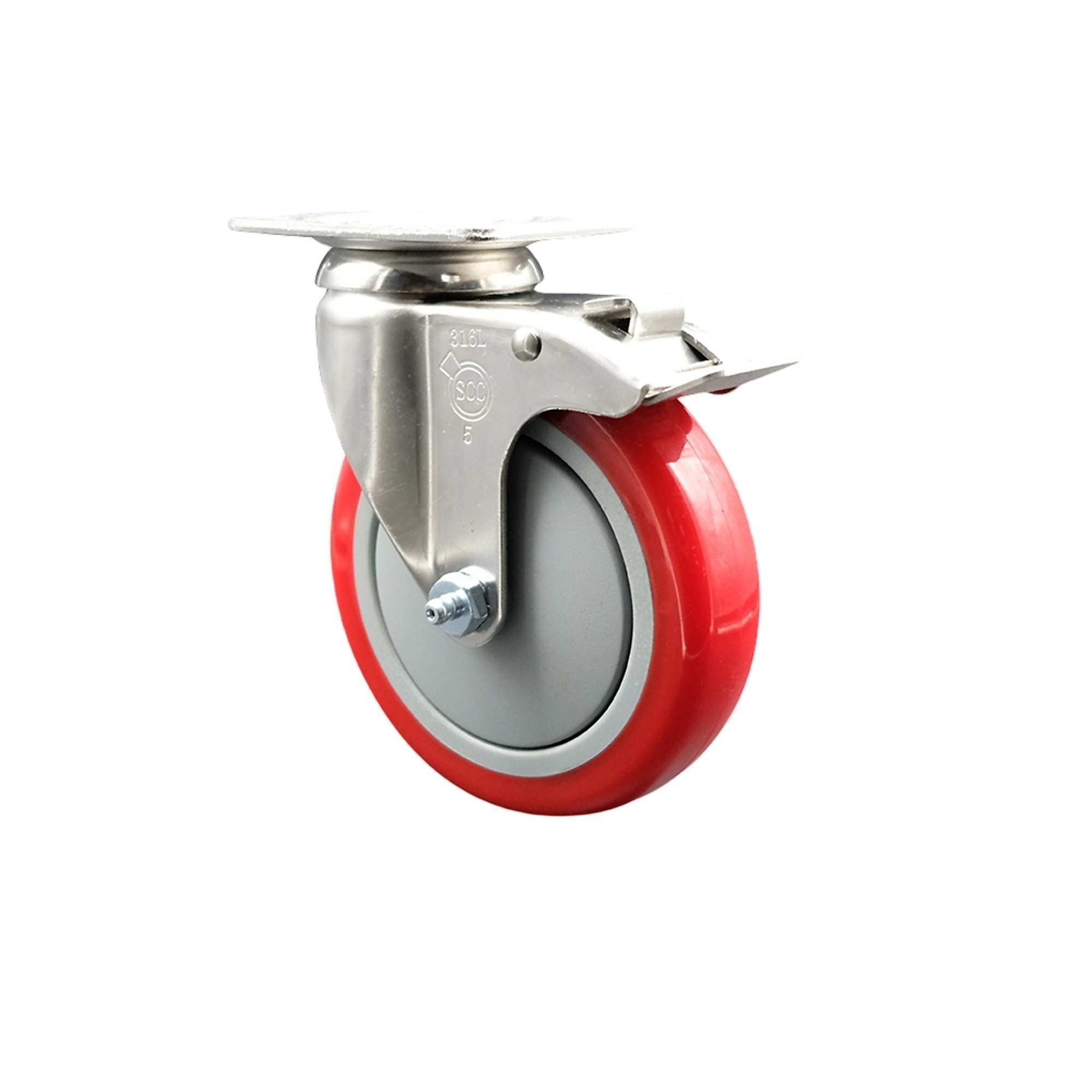 Service Caster, 5Inch x 1 1/4Inch Plate Caster, Wheel Diameter 5 in, Caster Type Swivel, Package (qty.) 1, Model SCC-SS316TTL20S514-PPUB-RED